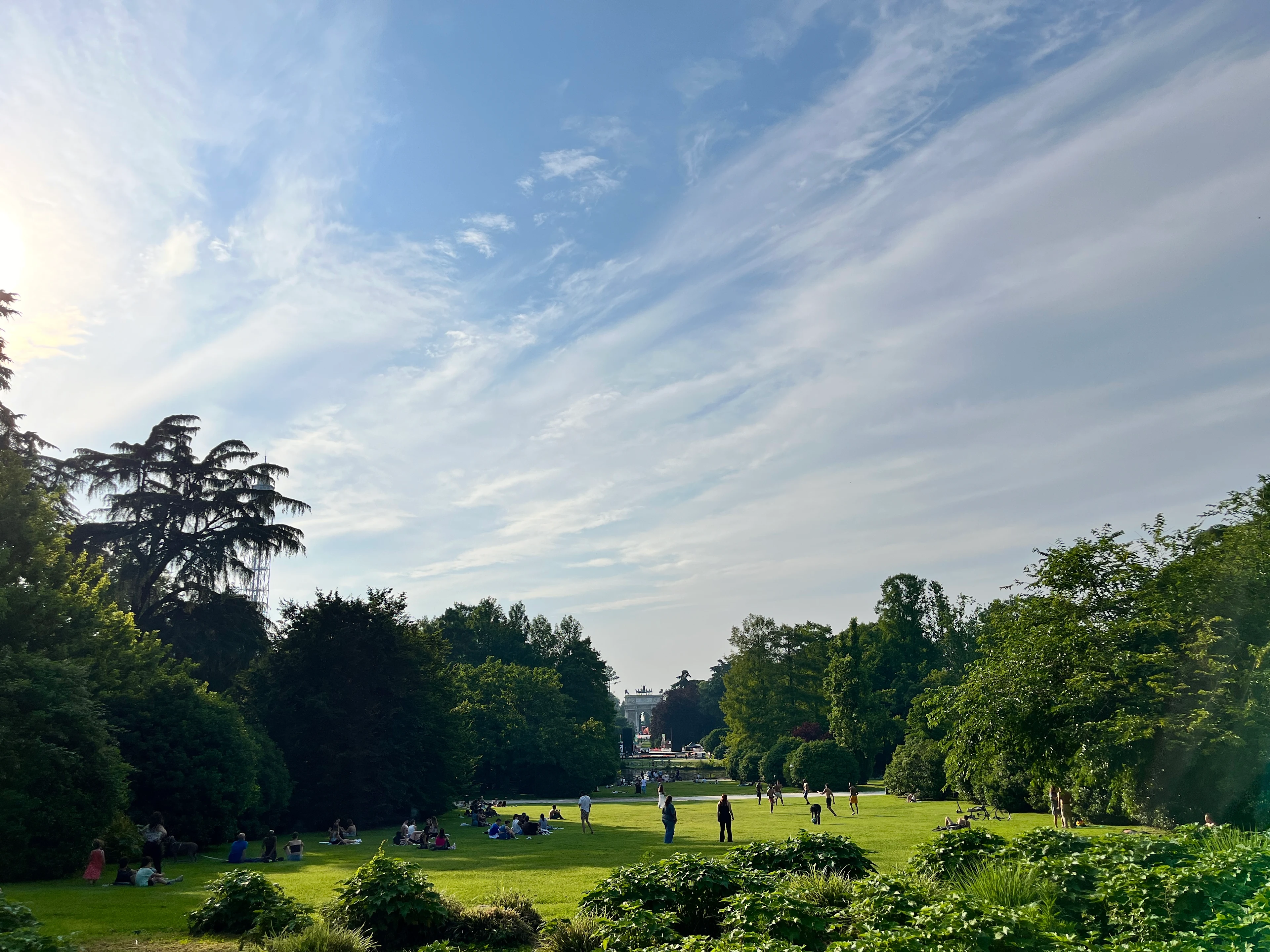 Människor på gräsmatta i Parco Sempione, Milano