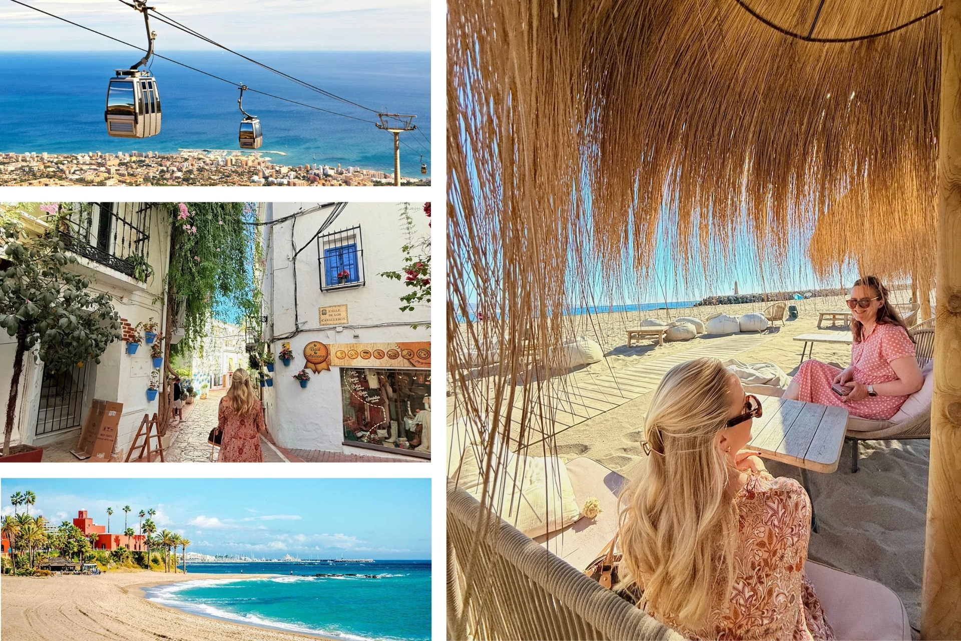 Bildekollasje med taubaner over kysten og havet, smale gater med hvite bygninger og planter, sandstrand med turkis vann og en person som sitter i skyggen under en strandparasoll ved havet.
