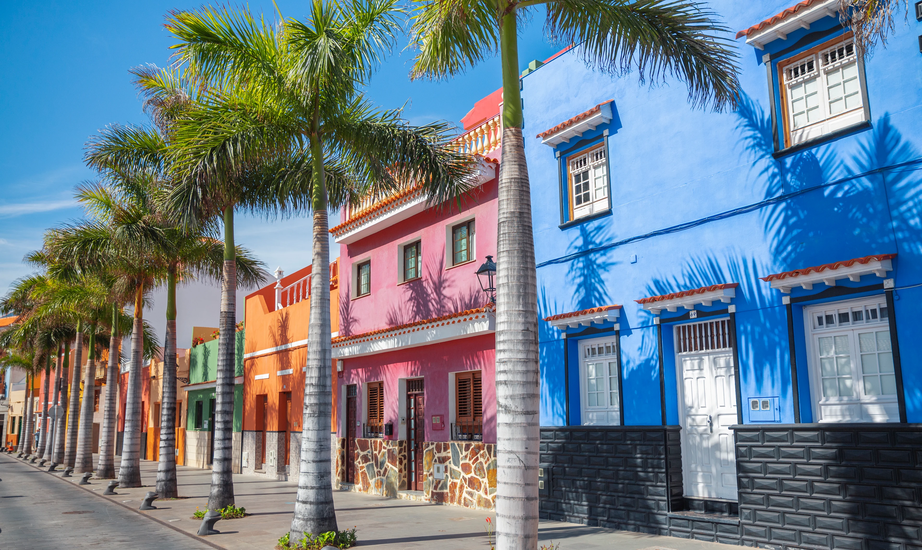 Fargerike hus og svaiende palmer langs en sjarmerende gate i Puerto de la Cruz, Tenerife.