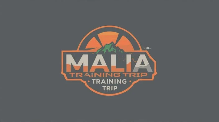 MALIA Training trip logo i orange, hvitt og litt grønt på grå bakgrunn.  