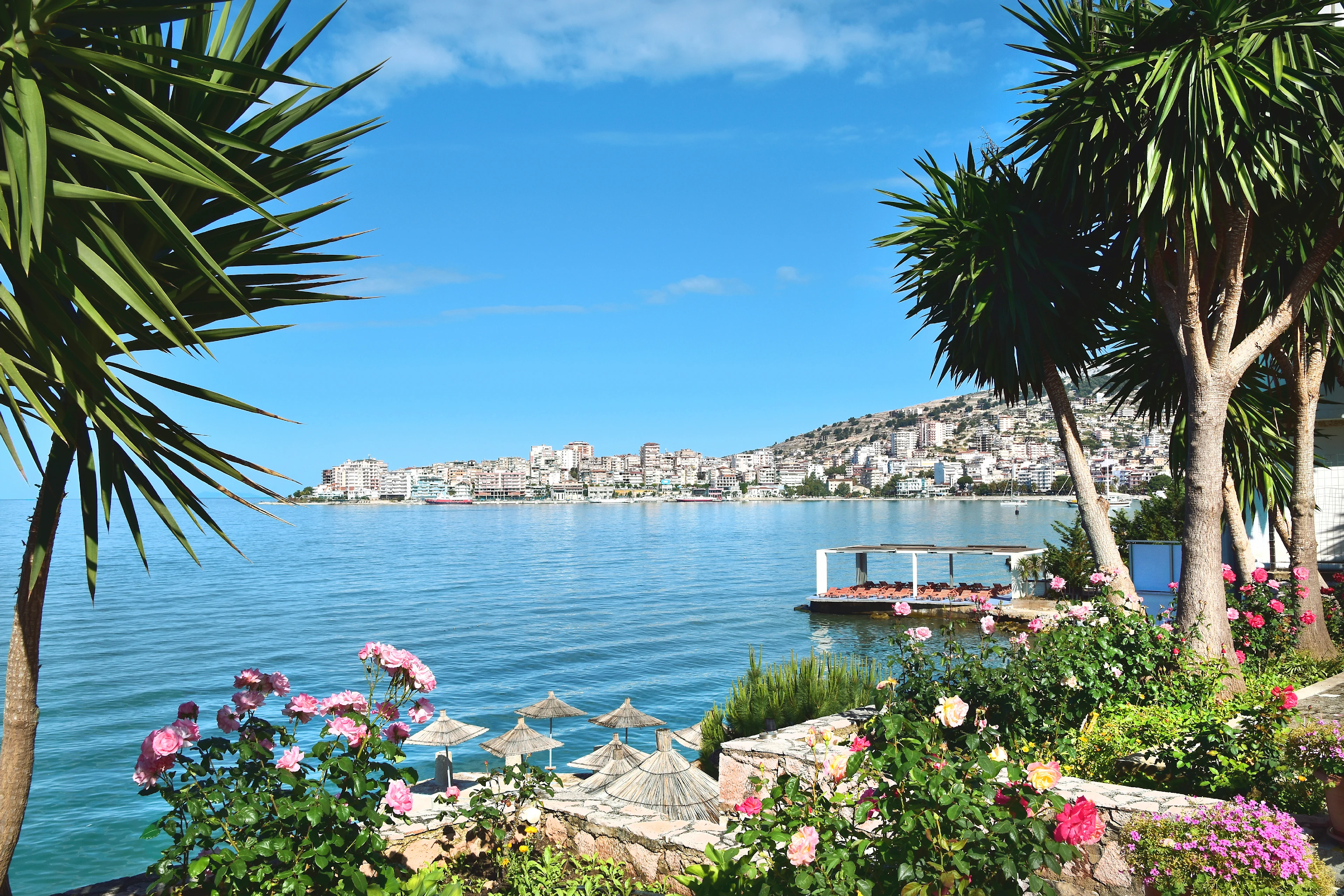 utsikt över havet och Saranda med palmer och rosa blommor