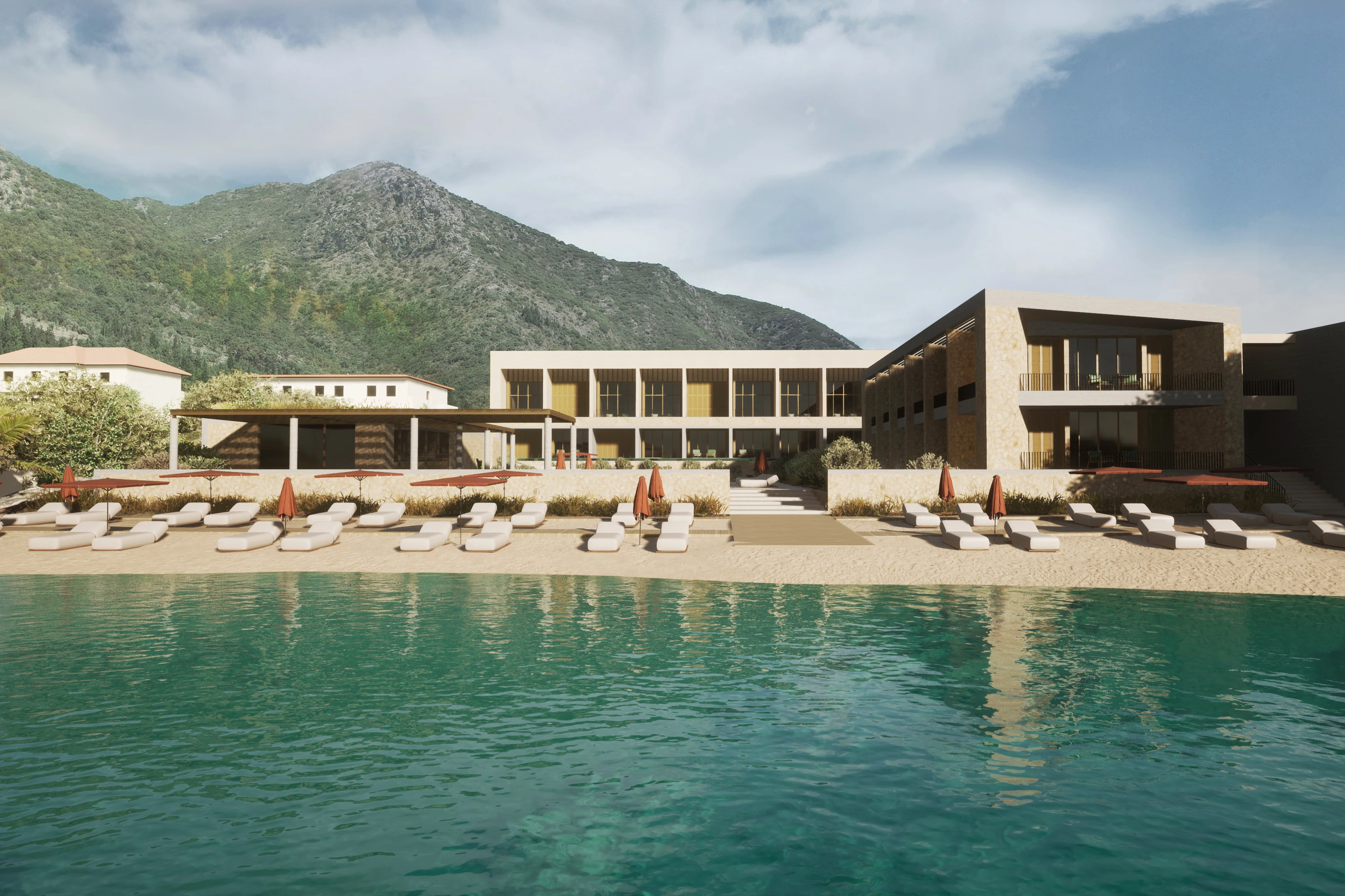 Utsikt över stranden nedanför hotellet Perigiali Seaside Resort på Lefkas