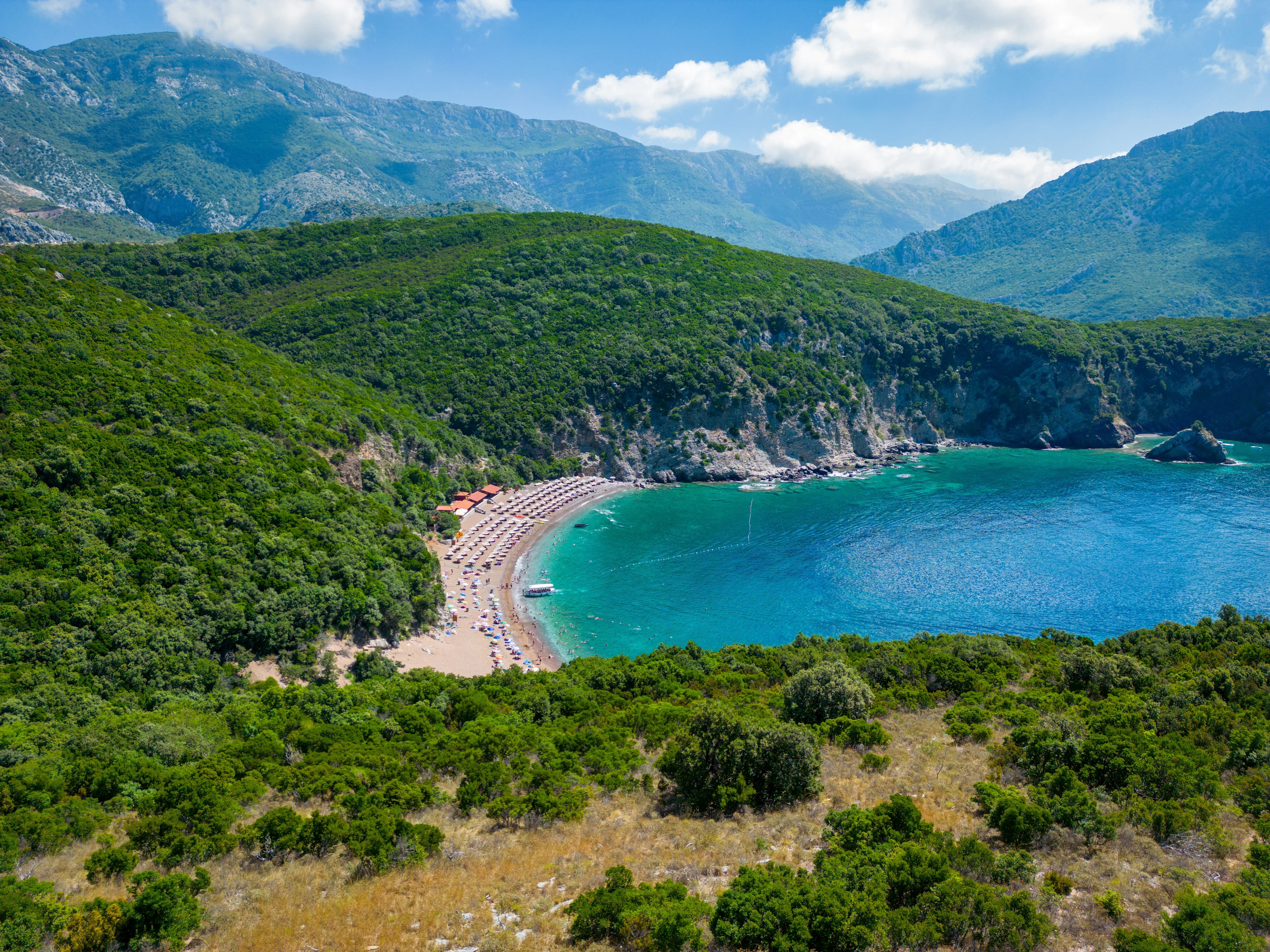 Utsikt över gröna kullar och stranden Kraljichina Beach i Montenegro