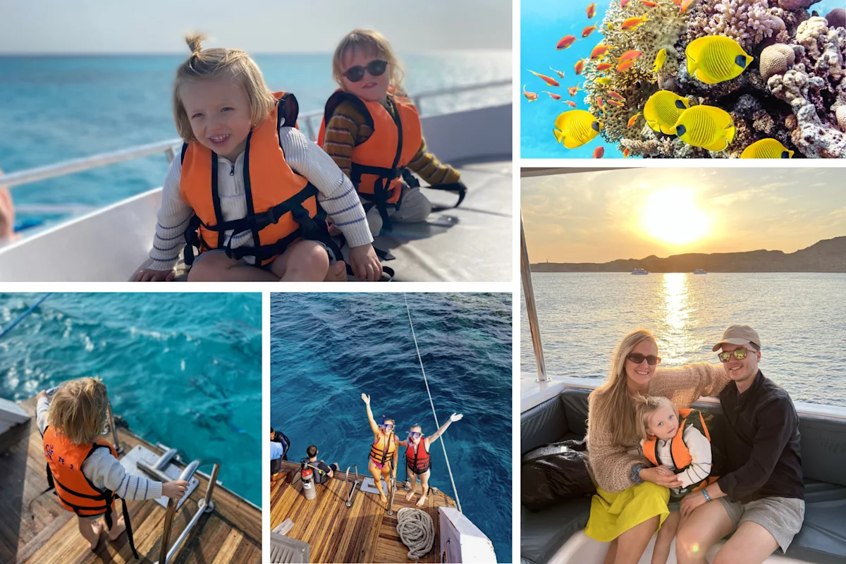 Ett collage av bilder från en båttur med klart blått hav, barn i flytvästar, snorkling bland färgglada fiskar och en familj som njuter av solnedgången ombord.