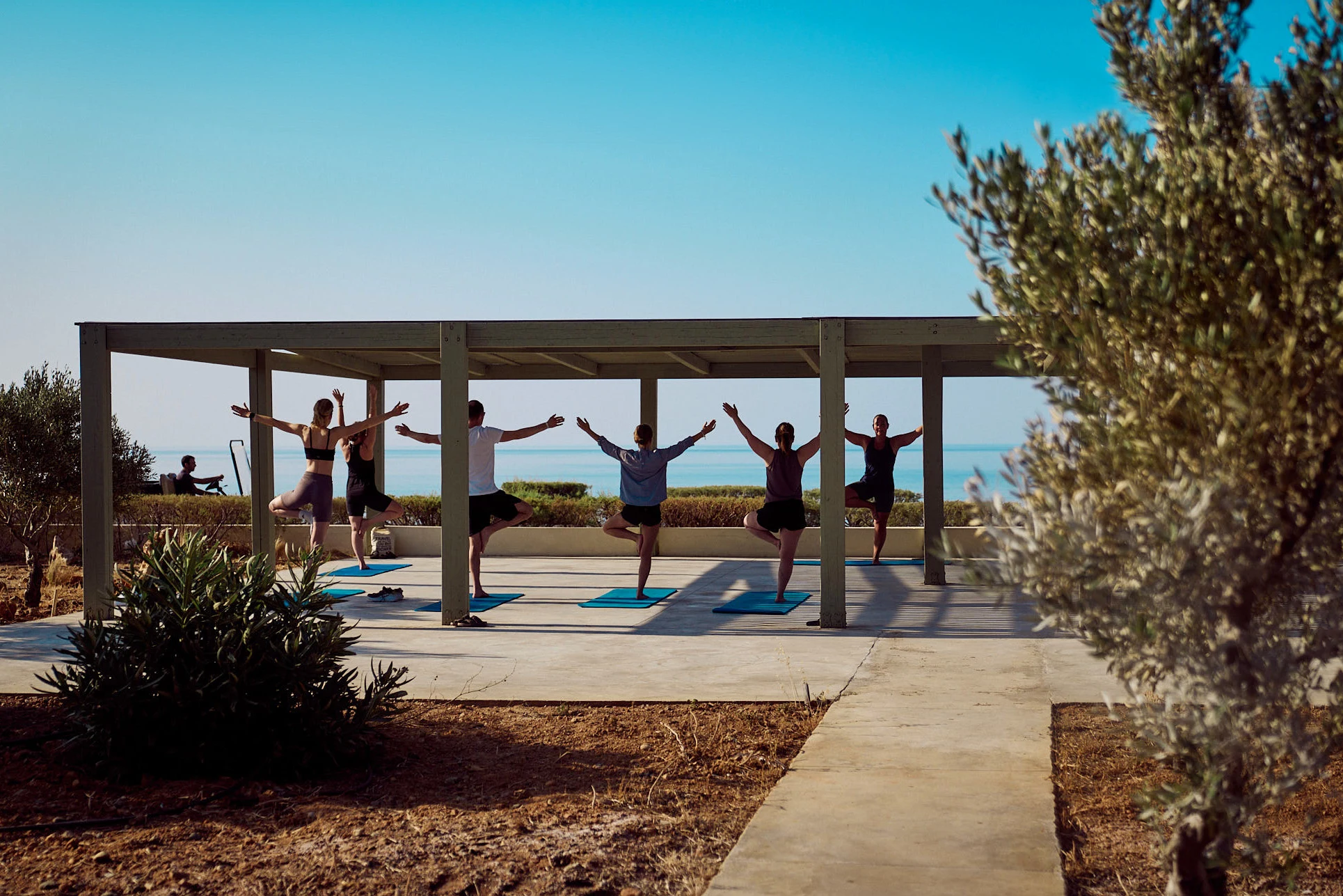 A group of people doing yoga in front of the ocean