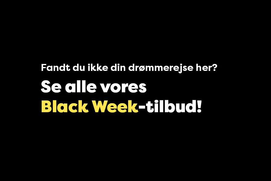 Sort baggrund med kampagneteksten: Fandt du ikke en rejse her? Se alle Black Week-tilbudene!