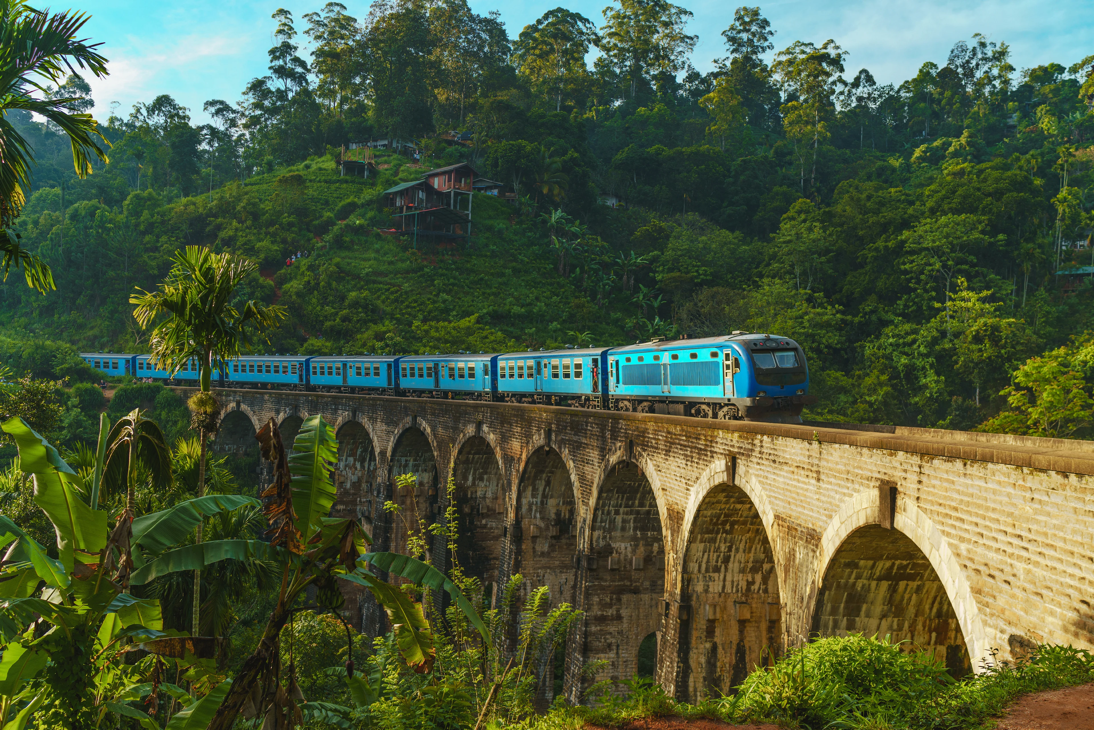 Ett blått tåg som åker över en bro i regnskogen på Sri Lanka