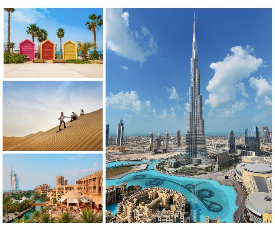 Collage med motiv från Dubai: strandhytter, ökensanddyner, traditionell bebyggelse med Burj Al Arab och Burj Khalifa med omgivande stadsmiljö.