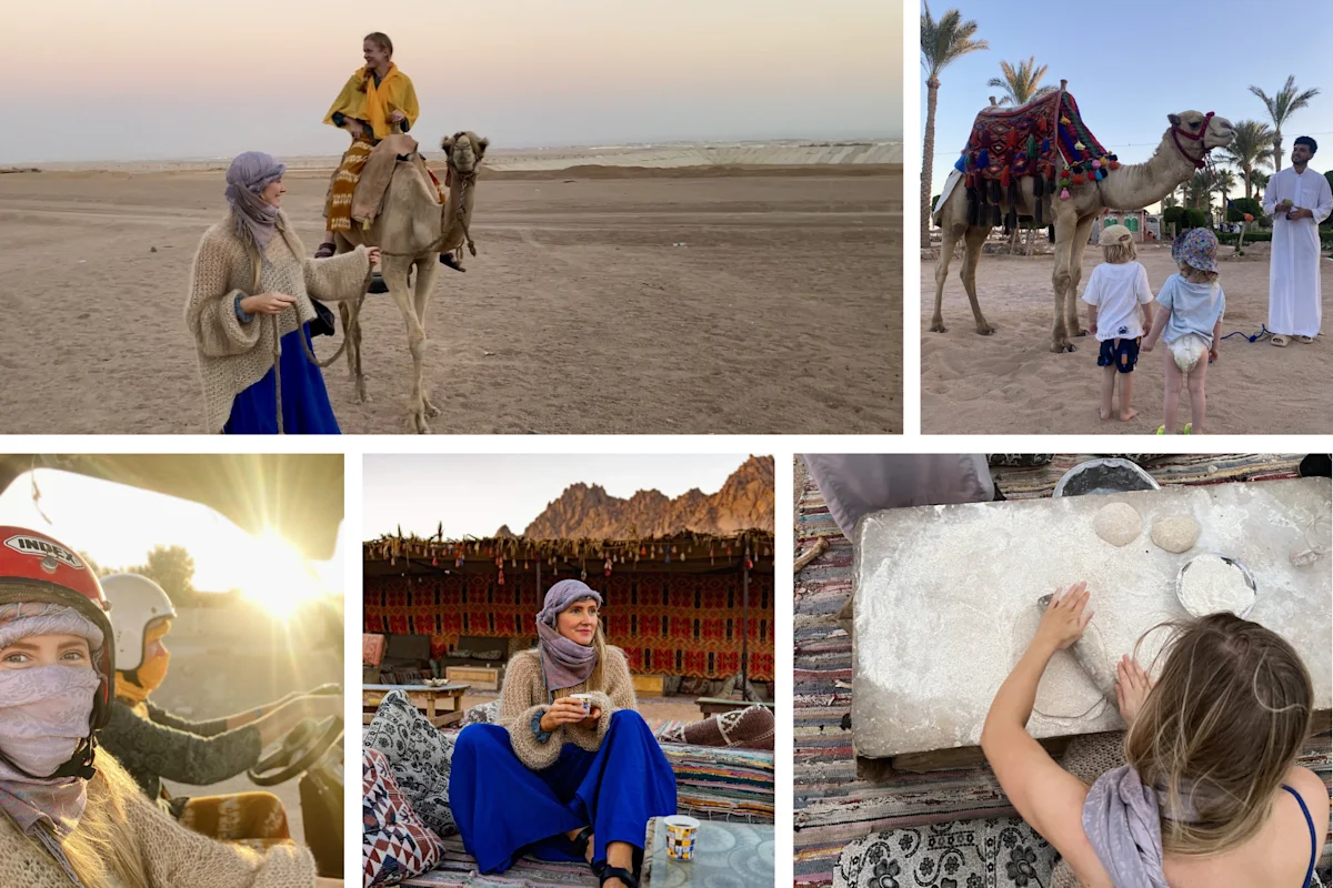 “Ett collage med bilder från en ökentur där personer rider kamel, möter beduiner, kör firhjuling i solnedgången och deltar i tradisjonellt brödbak under åpen himmel.
