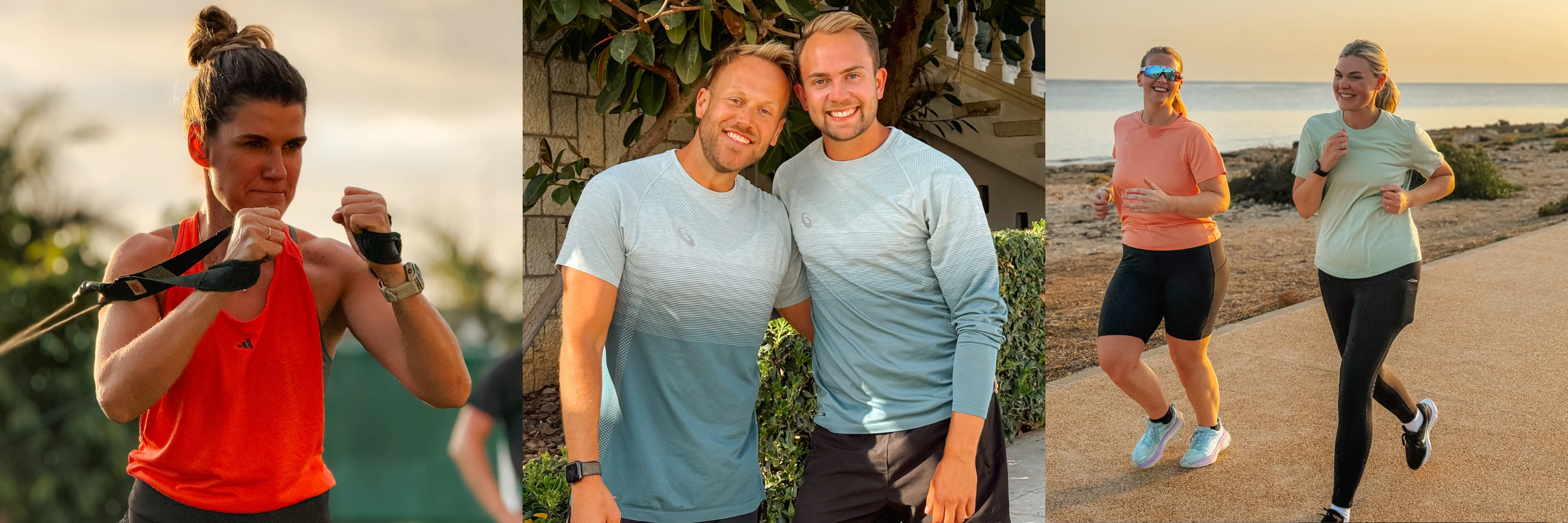 Tre bilder: Den första visar en kvinna som tränar med ett träningsband, klädd i ett rött träningslinne. Bilden i mitten visar två män som lutar sig mot varandra, båda iförda grå T-shirts. Den tredje bilden visar två kvinnor som joggar.