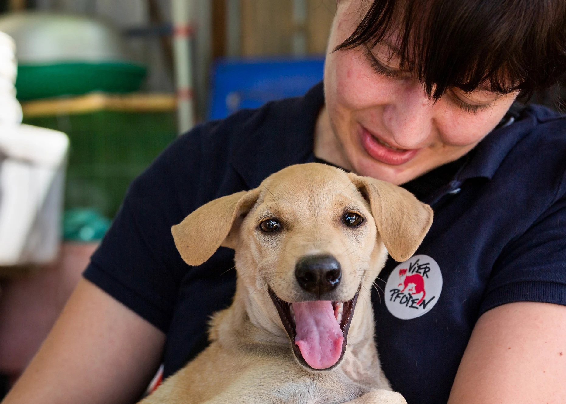 Kvinna och en hund på FOUR PAWS veterinärklinik i Bankaya, Bulgarien