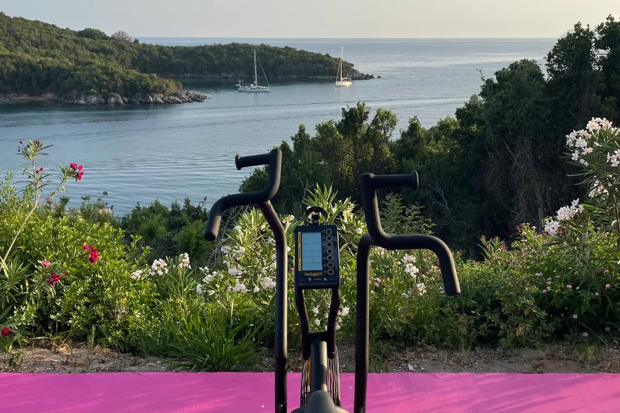 Träningscykel placerad med utsikt över skog och hav 