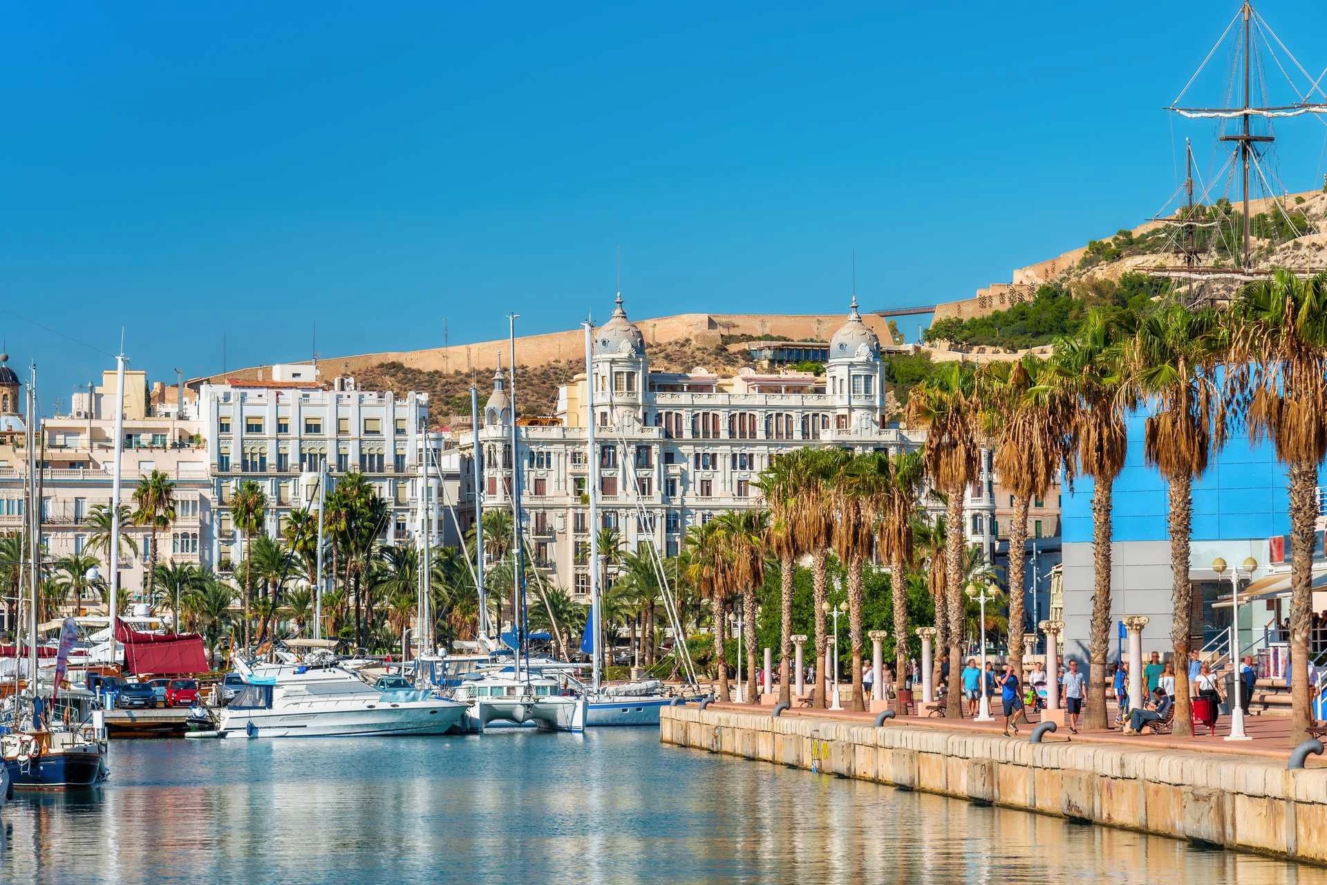 Hamn i Alicante med båtar, palmer och ljusa byggnader längs vattnet.