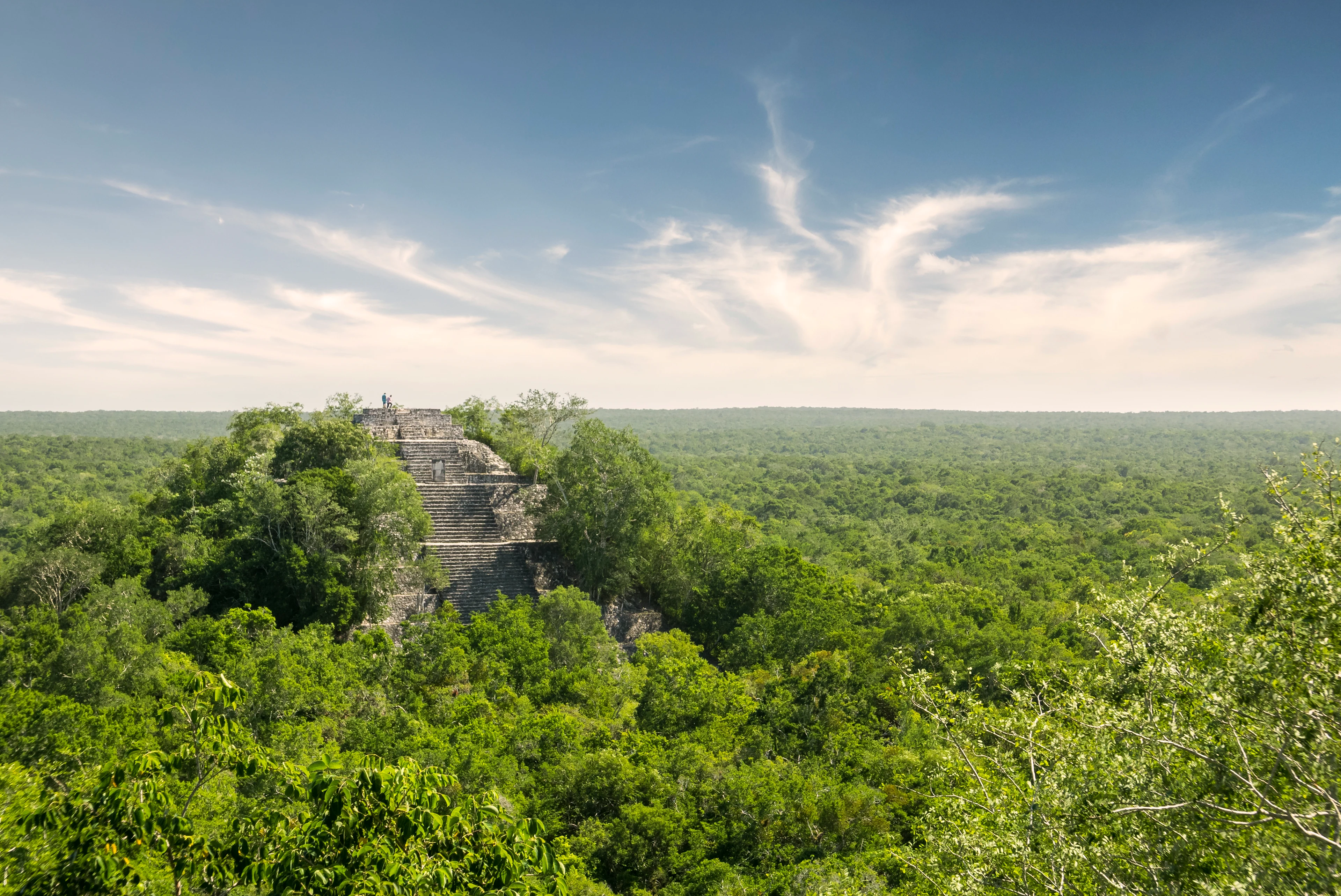 Pyramid i Calakmul omgiven av tät grön regnskog på Yucatánhalvön i Mexiko.