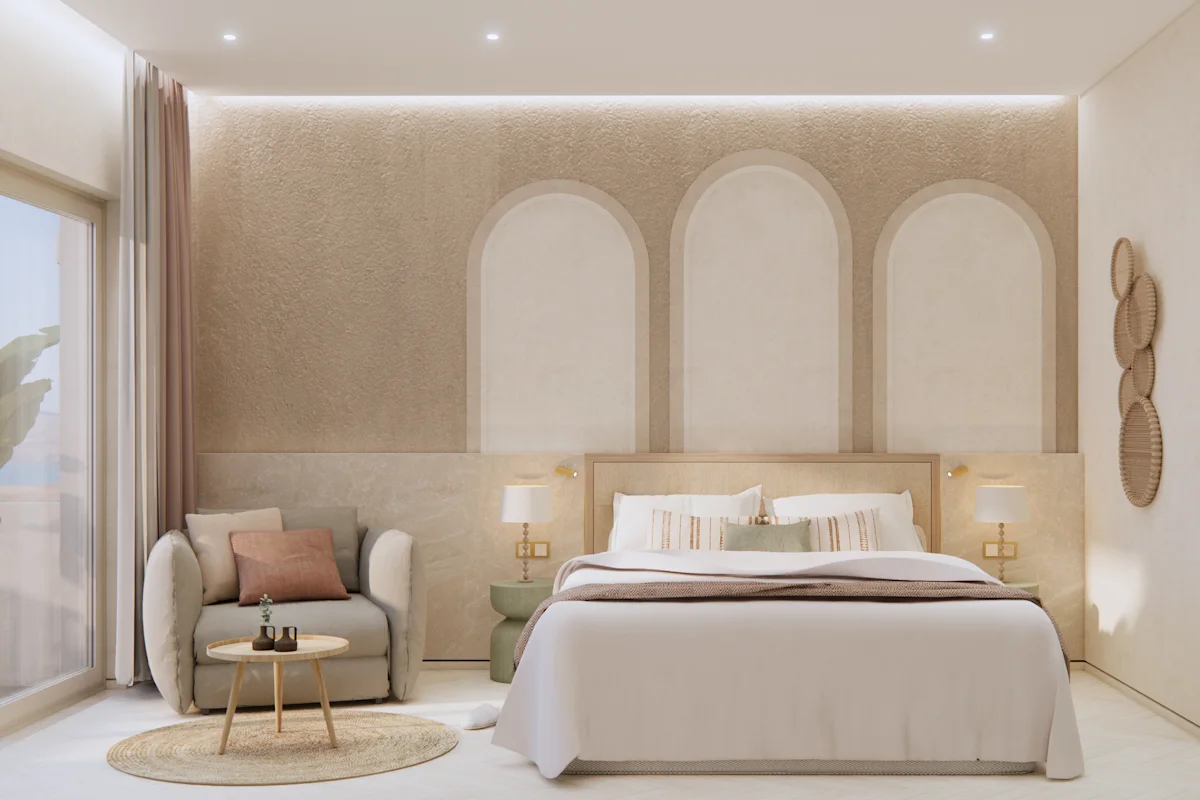 Modernt rum med ljusa färger på hotell Maxion på Rhodos