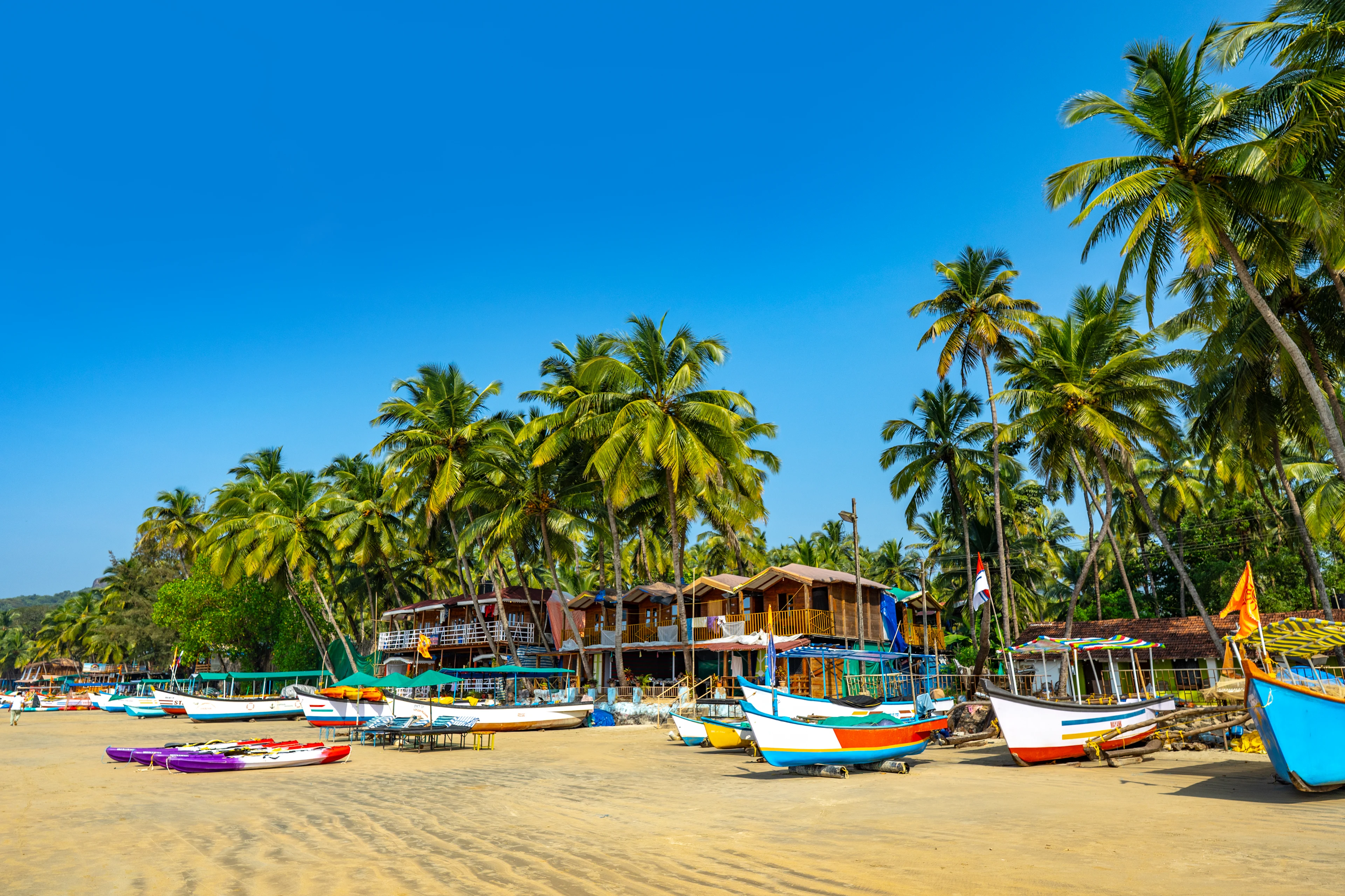 En solig strand med färgglada båtar och palmer i Goa