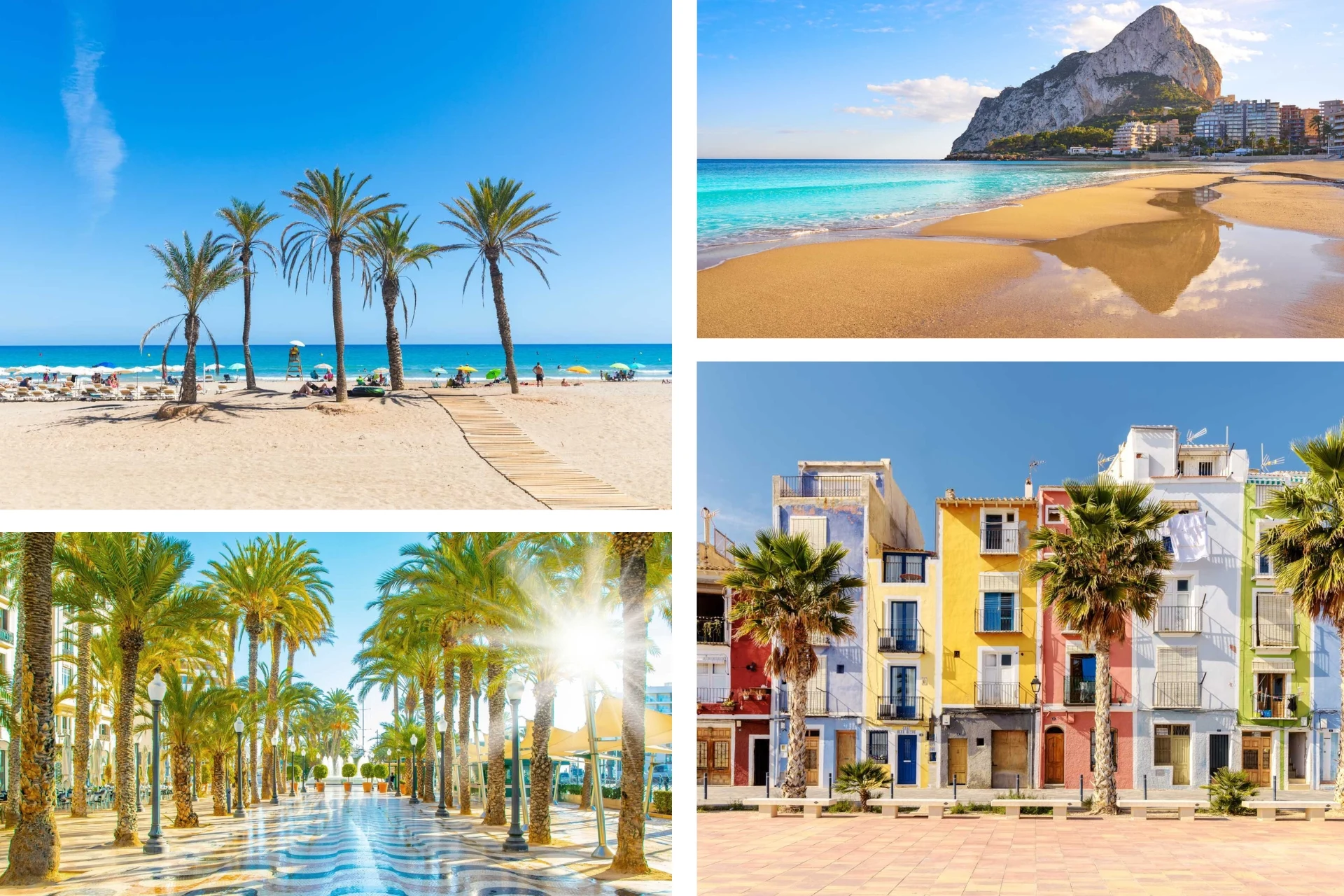 Bildekollasj med sandstrand og palmer, strand med klippe og turkis hav, palmekledd promenade og fargerike husfasader på et torg i et solrikt kystlandskap.