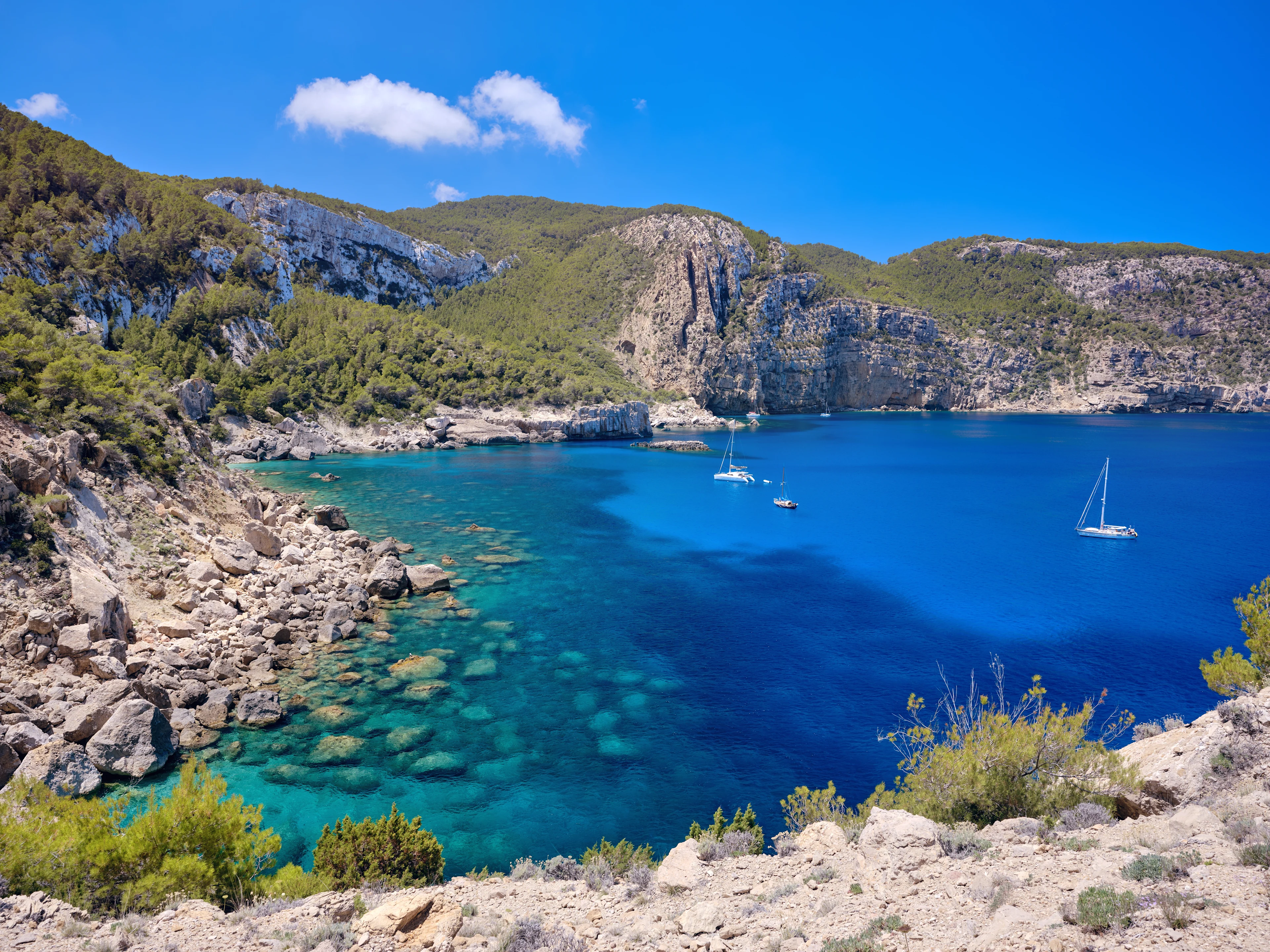 Panoramavy över en blå vik på Ibiza