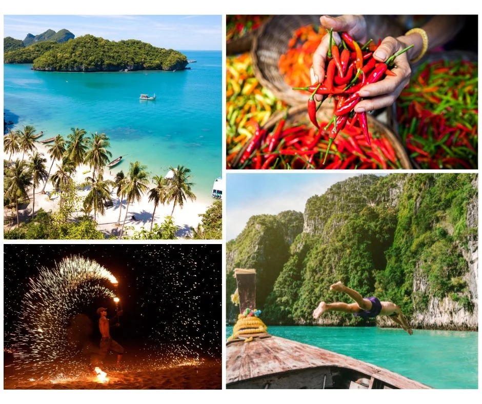 Collage med motiv från Thailand: strand och öar, röda chilifrukter, eldshow och person som hoppar från en båt i klart turkost vatten.