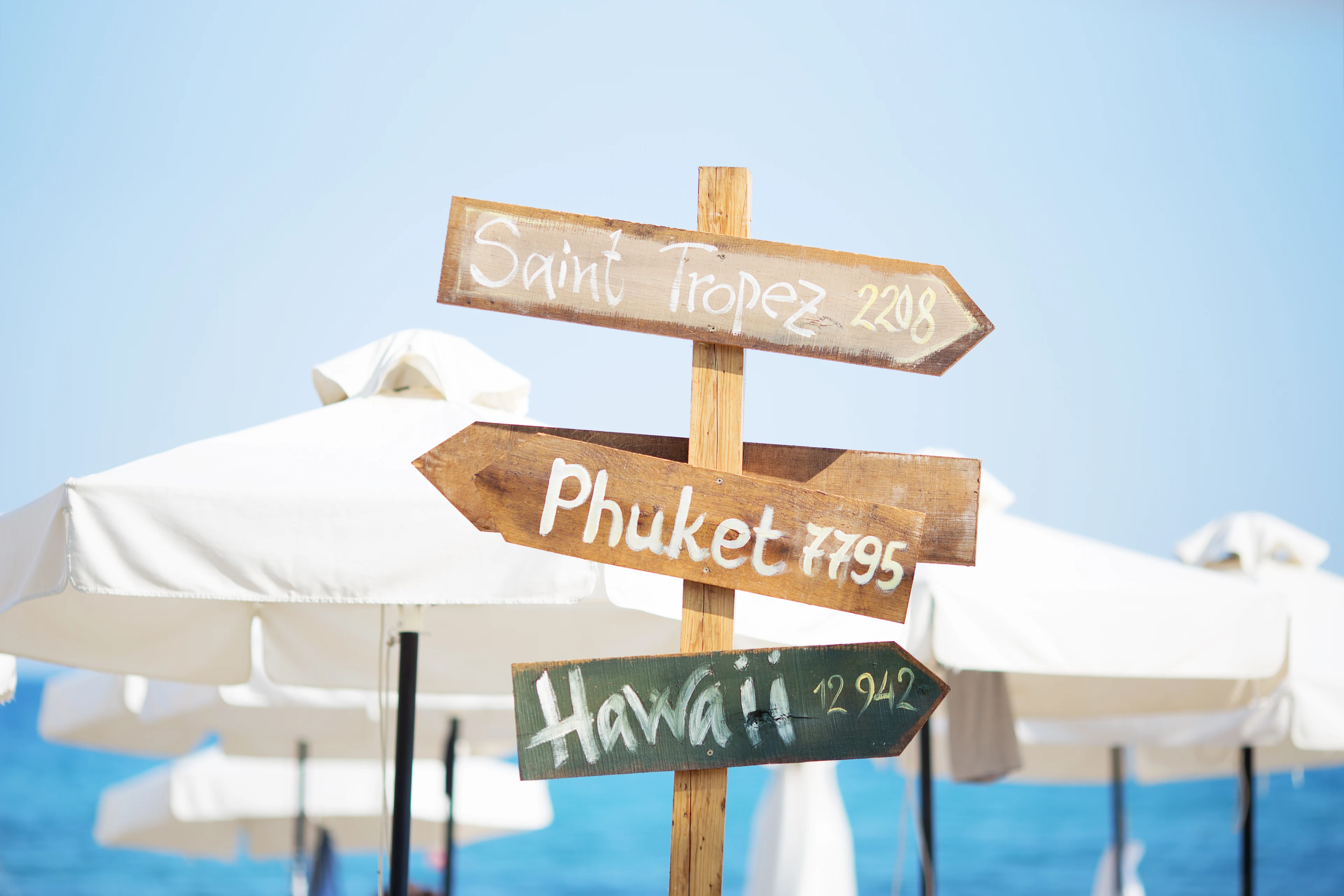 En vägvisare i trä som visar avstånd till Saint Tropez, Hawaii och Phuket