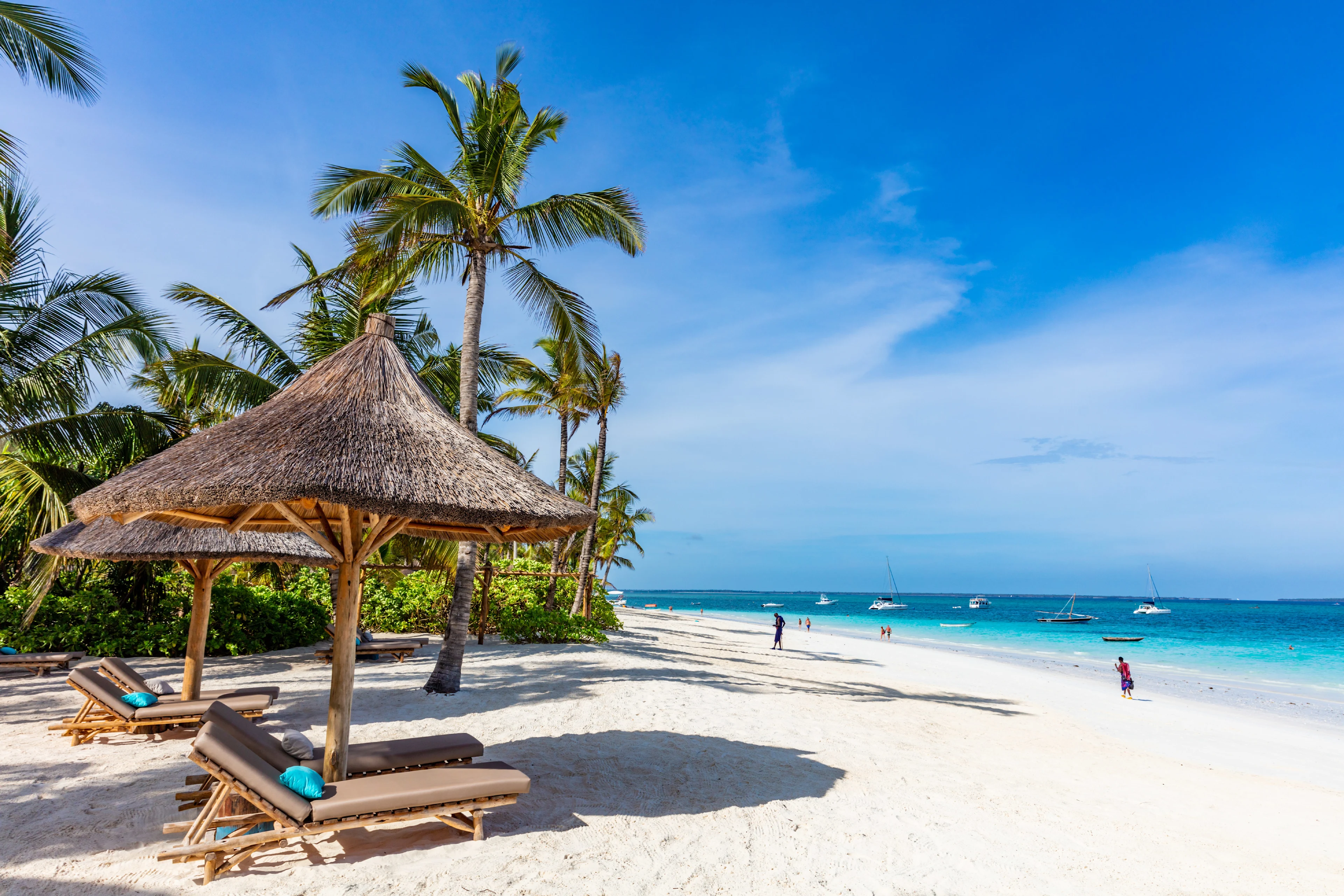 Solstolar och parasoll på en exotisk strand på Zanzibar