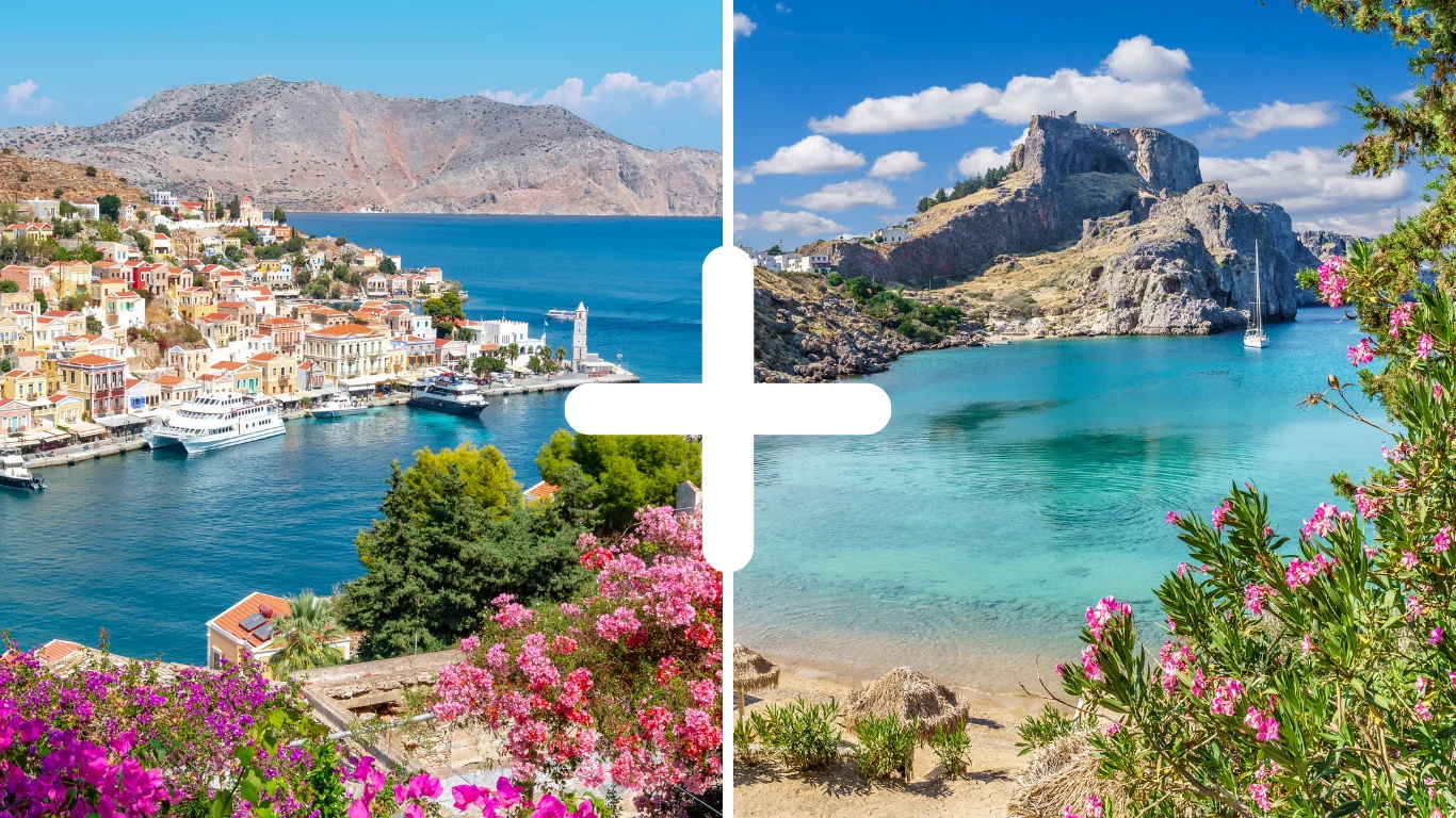 Pastellfärgade hus på Symi och kristallklart vatten på Rhodos