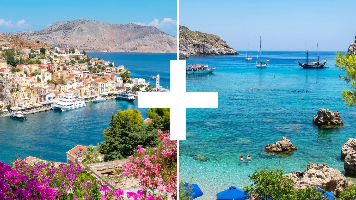 Pastellfargede hus på Symi og krystallklart vann på Rhodos