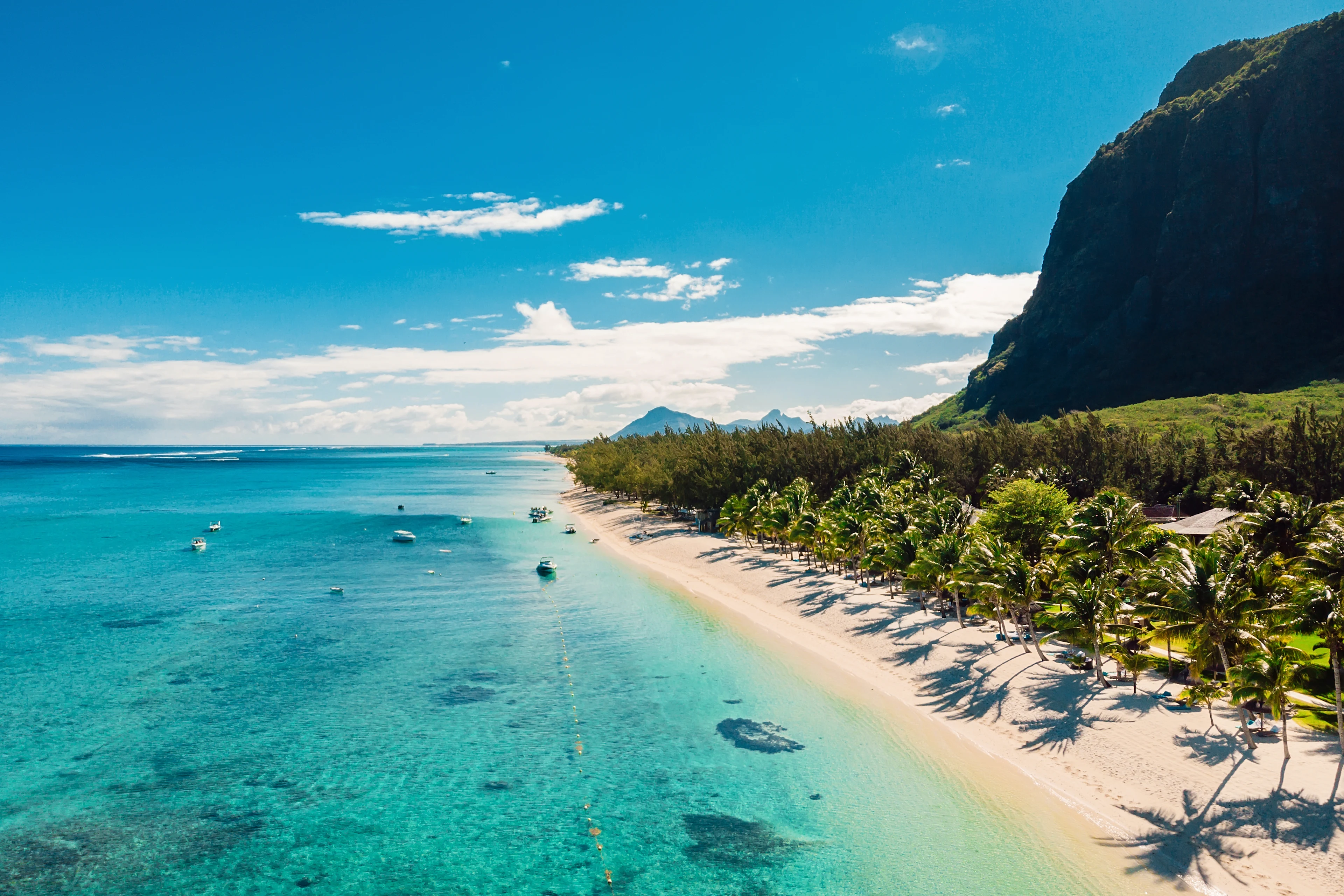 Turkos lagun, kritvit sandstrand och vajande palmer vid Le Morne på Mauritius.