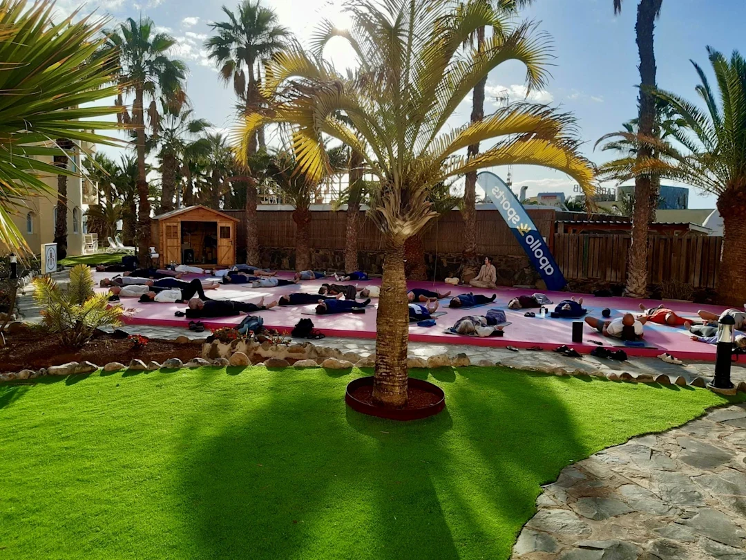 Yogatime på en lyserød platform med deltagere liggende i yogastilling