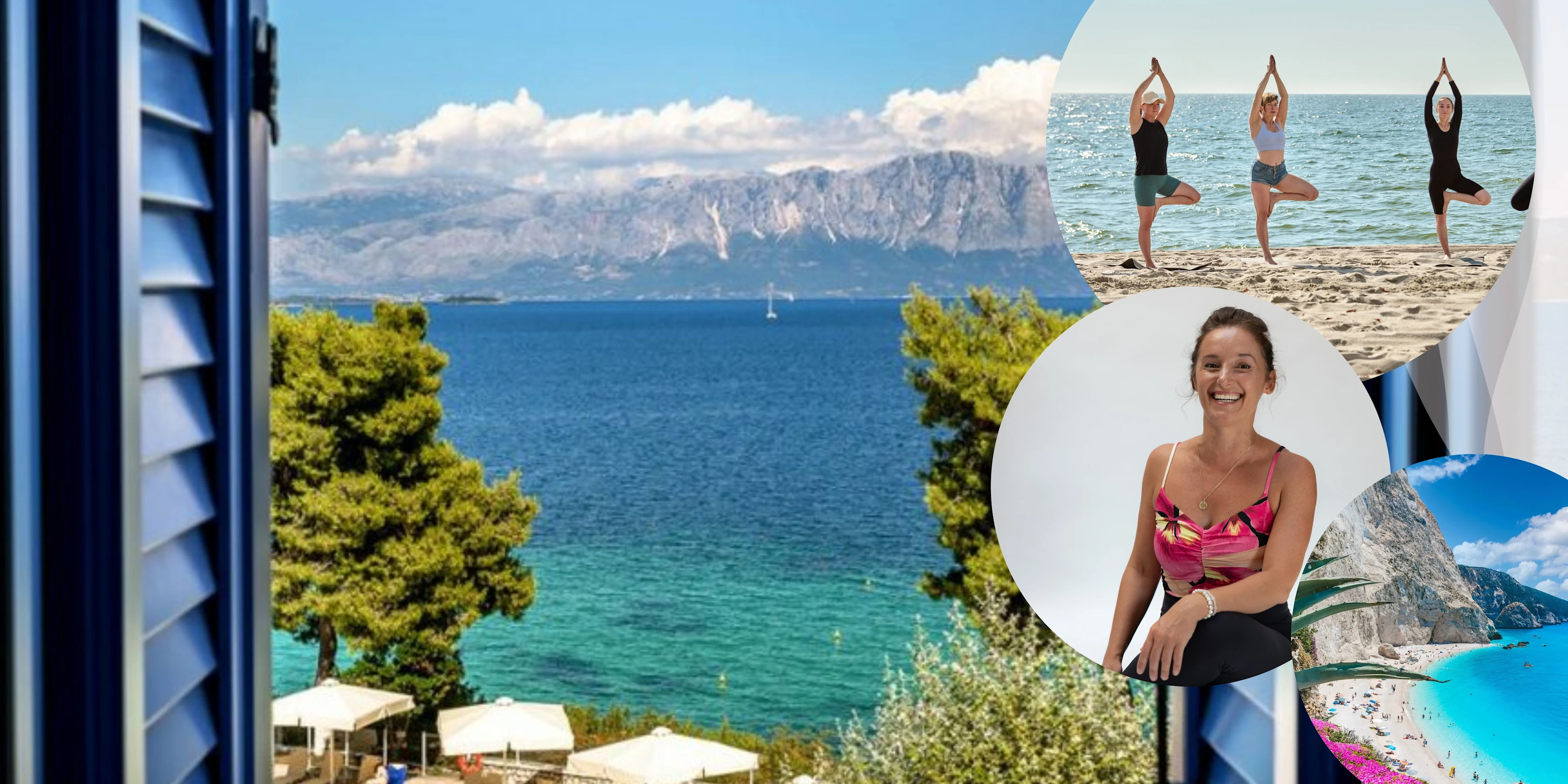 Utsikt gjennom et vindu på Porto Galini på Lefkas med tre runde små bilder inkorporert: Eline i yogaposisjon, tre damer som gjør yoga på en strand og en strand med hvit sand og blått hav.