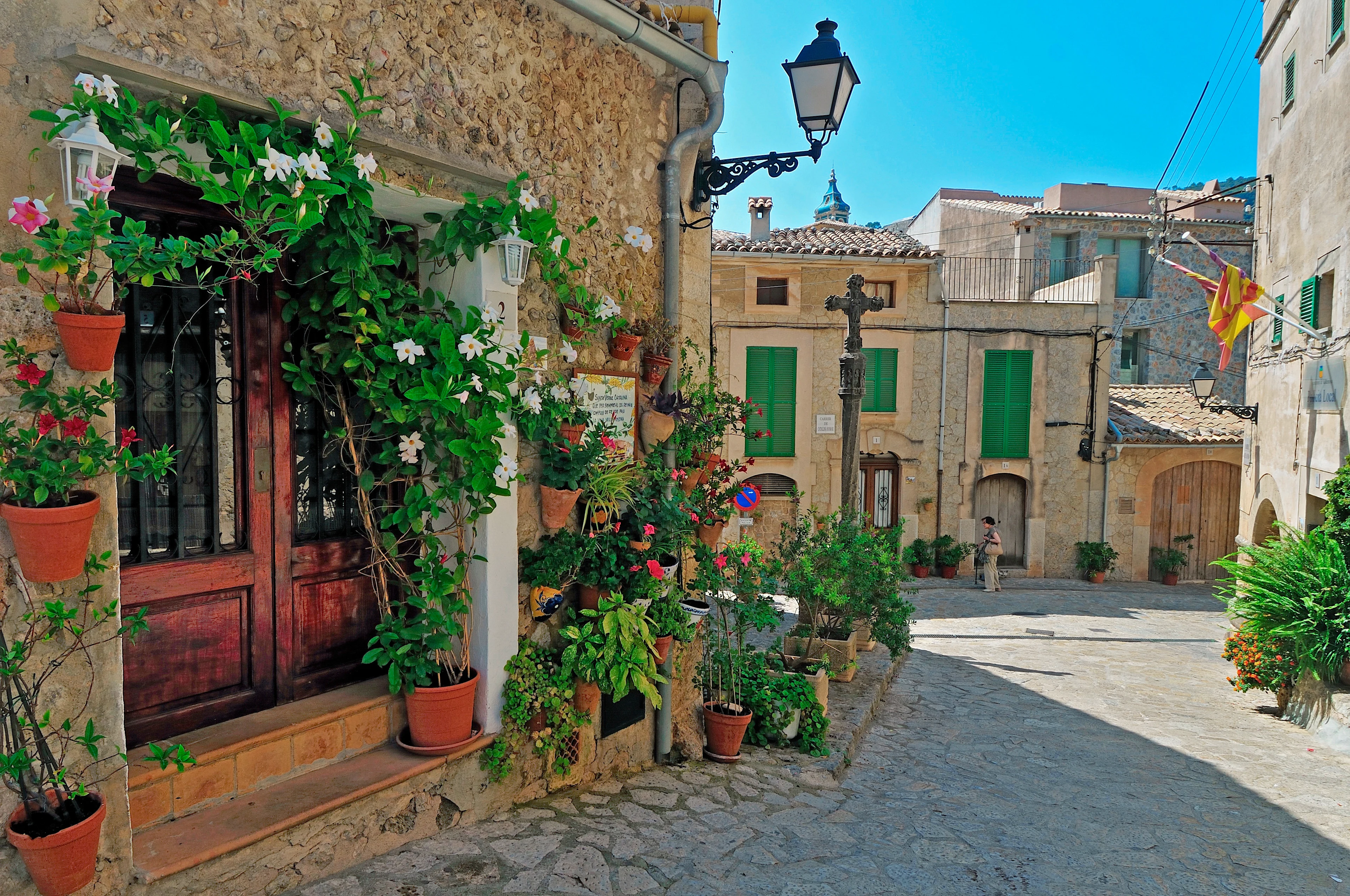 Mysig kullerstensgata med växter längs gamla stenfasader