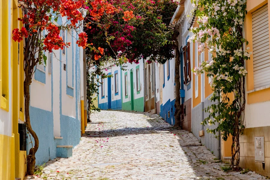 Vakker brosteinsbelagt gate mellom fargerike hus og blomster i Ferragudo