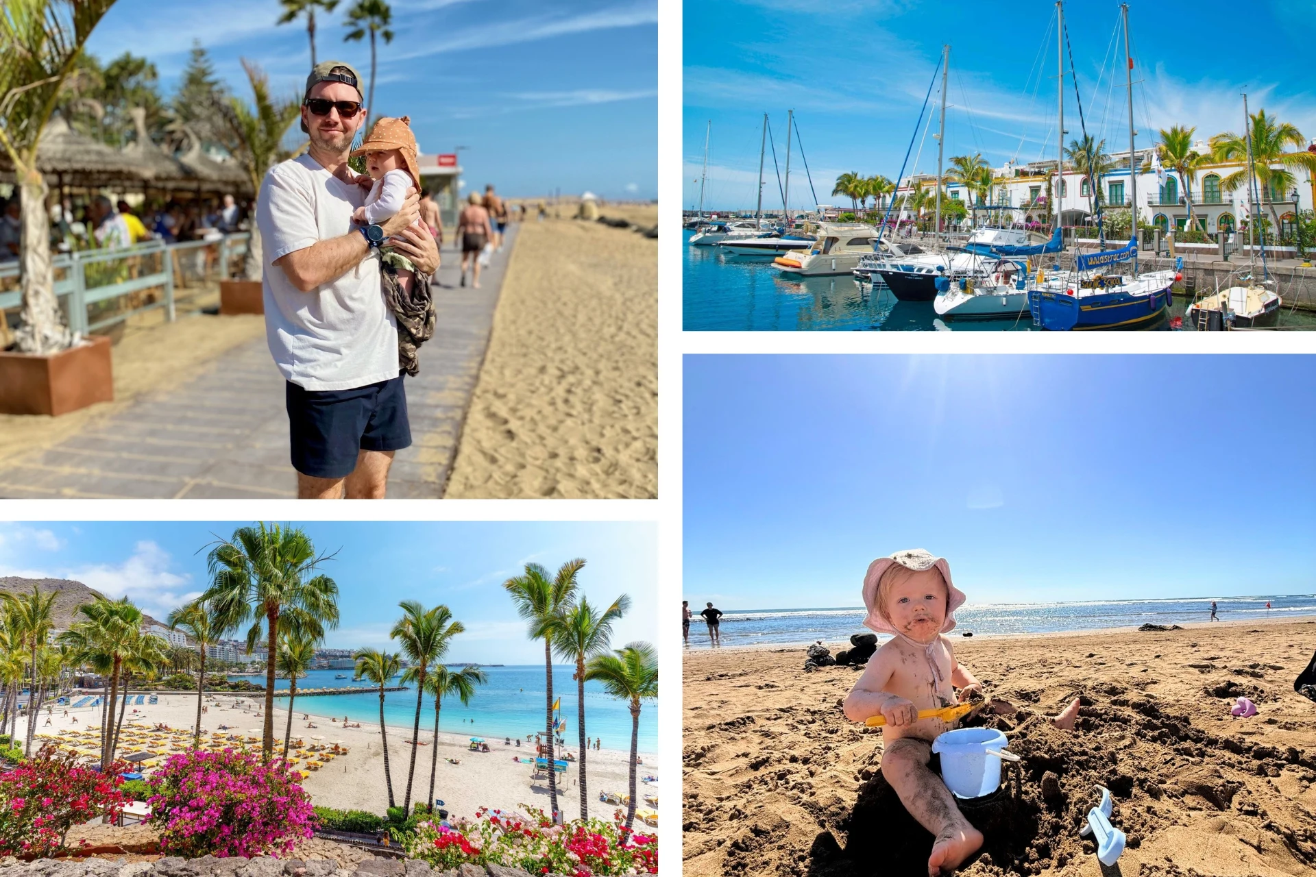 Kollasj med en strandpromenade, palmekledd sandstrand, marina og et lite barn som leker i sanden ved sjøen.