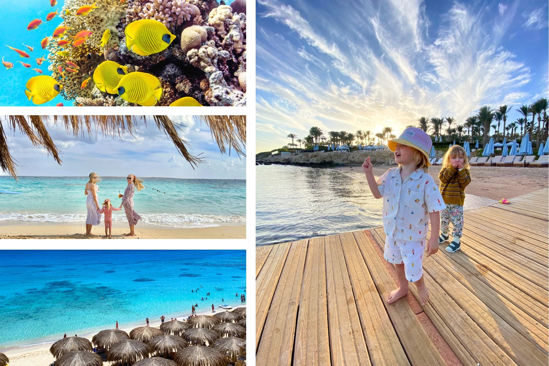 Bildekollasj med fargerike fisker ved et korallrev, personer som går langs stranden ved det turkise havet, parasolldekkede solsenger på en strand og to barn som går barbeint på en trebrygge ved sjøen i solnedgang.