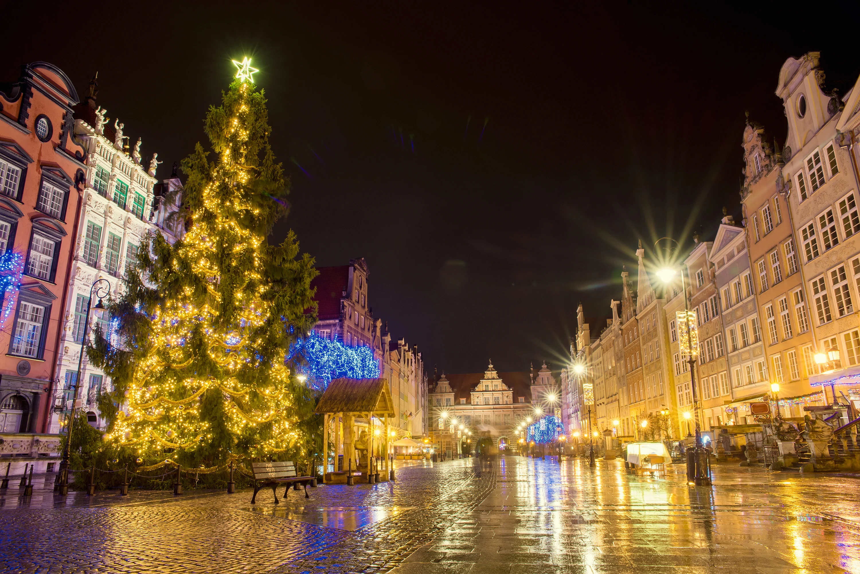En stor julgran på en vacker gata i Gdansk