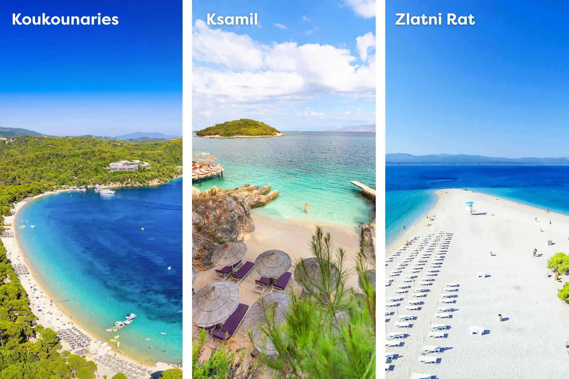 Kollage med ständerna Koukounaries, Ksamil och Zlatni Rat