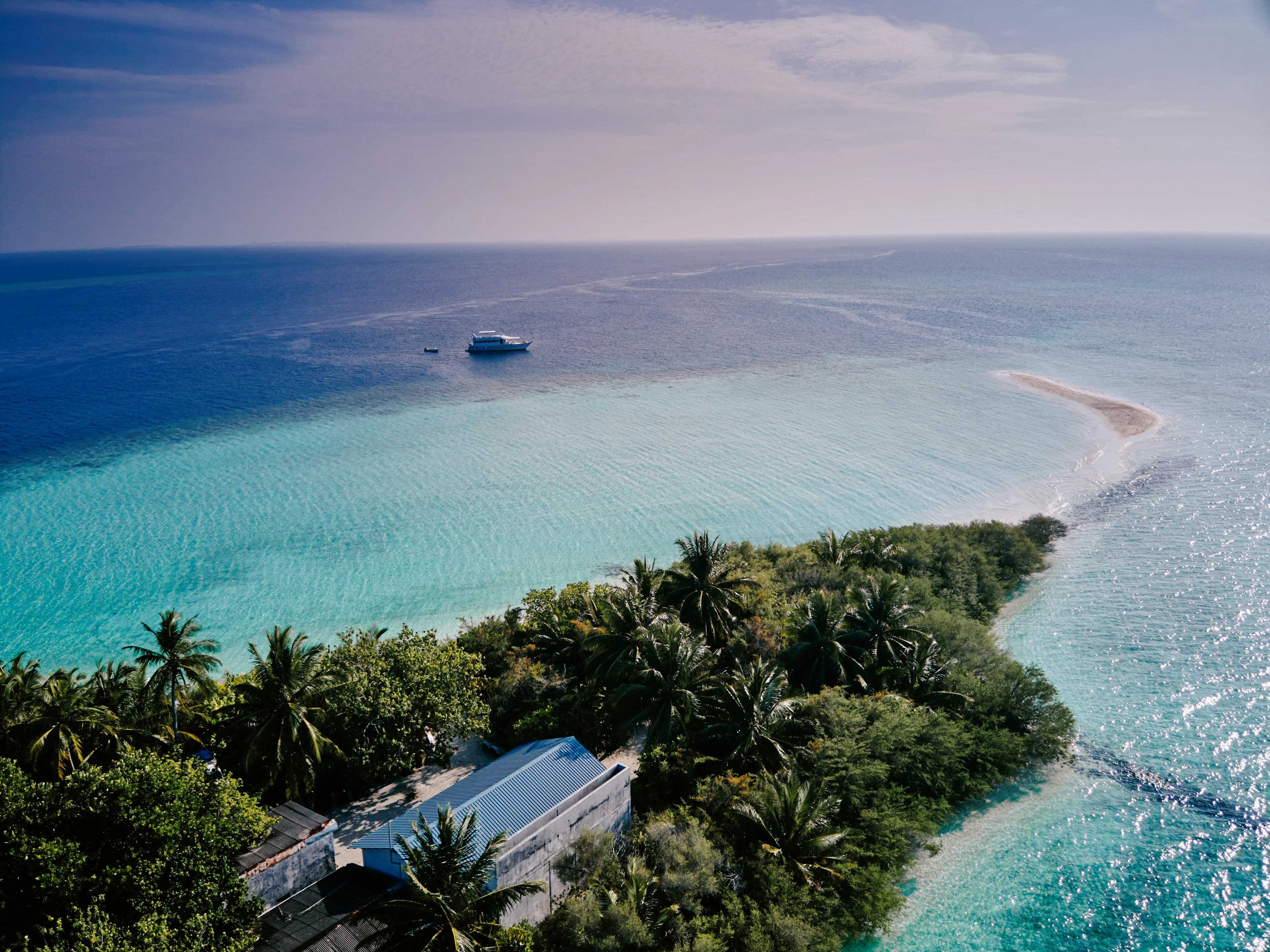 Flyfoto av en liten tropisk øy tett av palmer, turkist vann og en stripe med sand som strekker seg ut i havet
