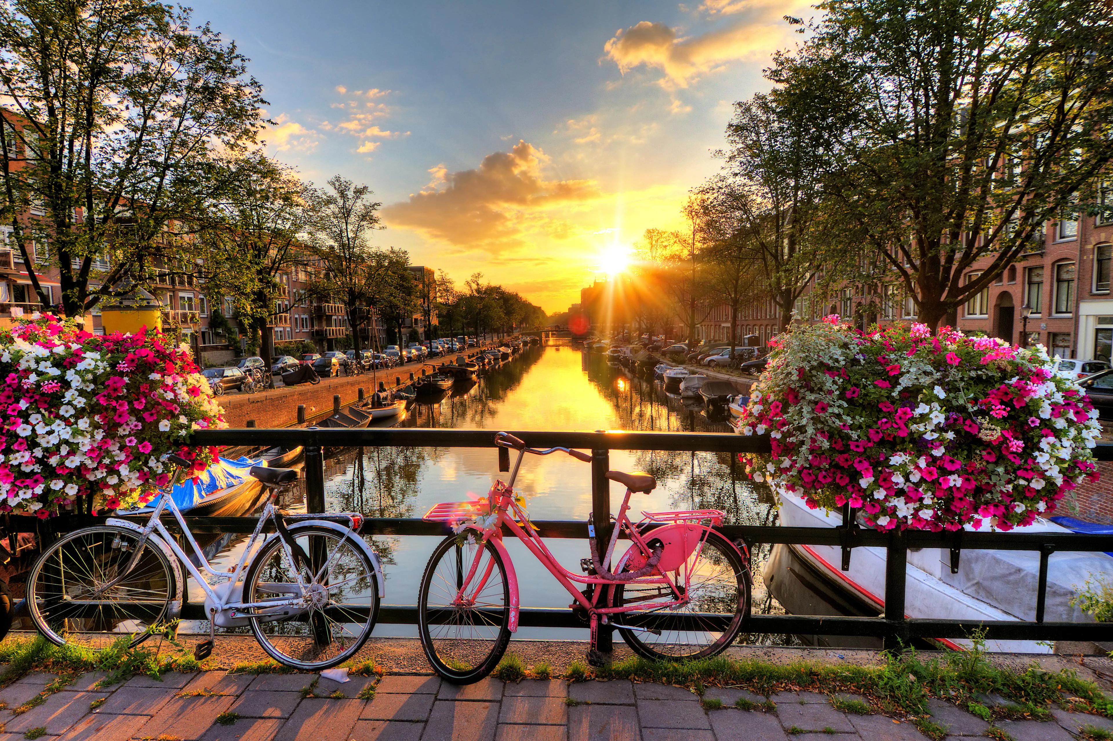 Auringonlasku kanavan yllä Amsterdamissa, kaksi polkupyörää nojaten kaiteeseen, kukkakorit etualalla ja puut ja talot heijastuvat veteen.