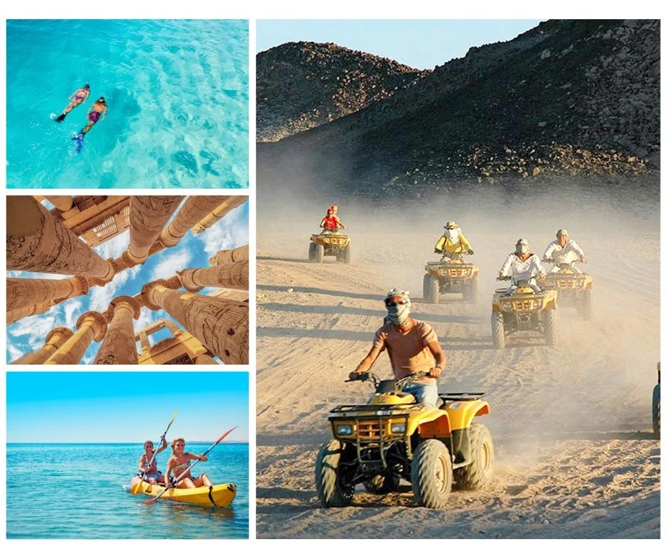 Collage med motiv från Hurghada: snorkling i klart vatten, historiska pelare, paddling i havet och fyrhjulingar som kör i ökenlandskap.