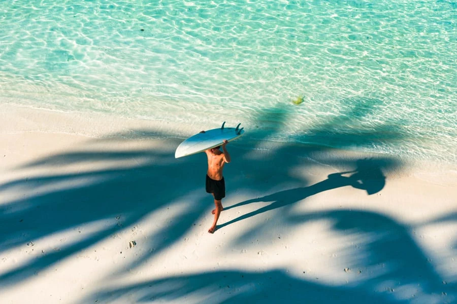 Surfare på exotisk strand