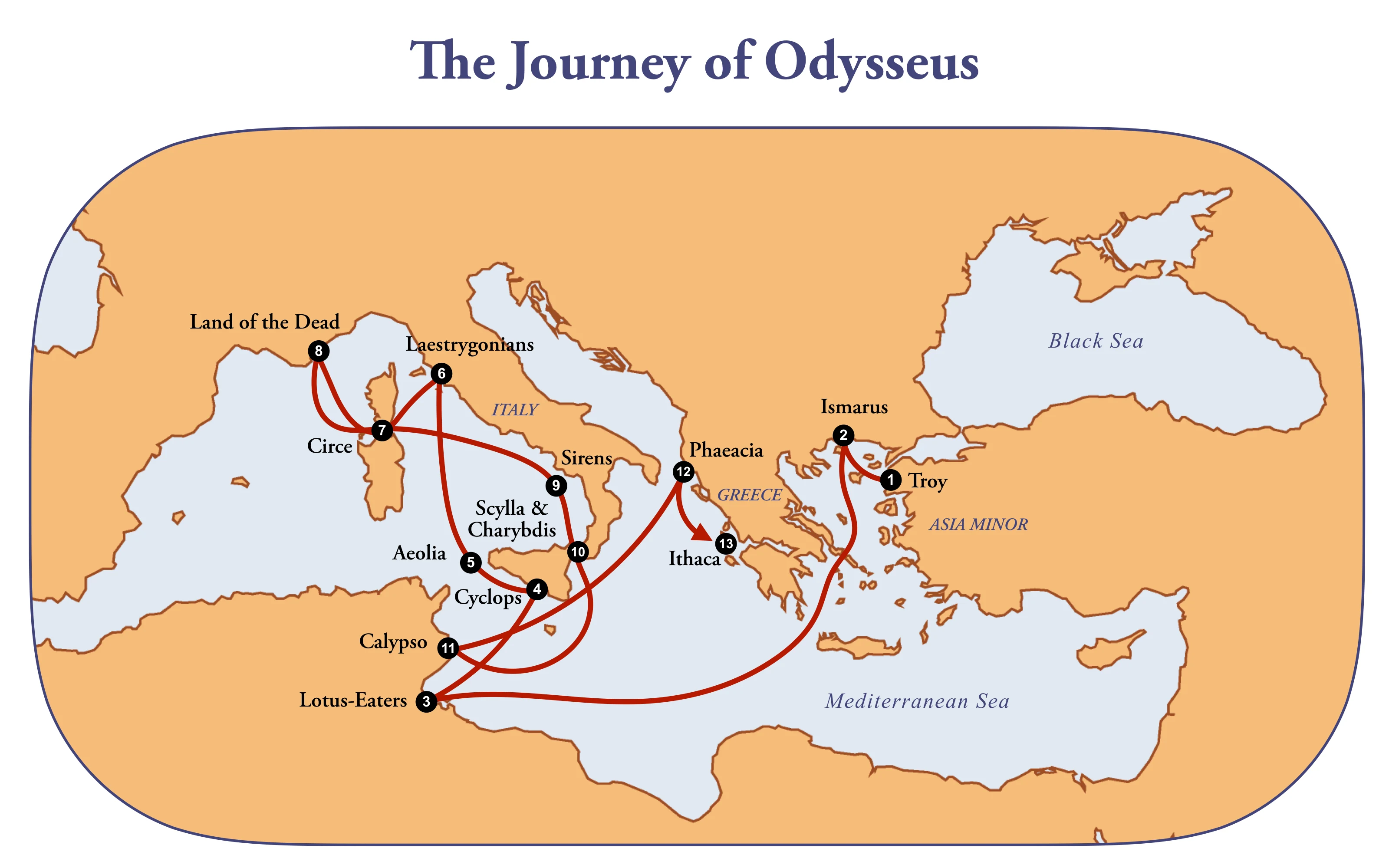 Kort over Odysseus' rejse