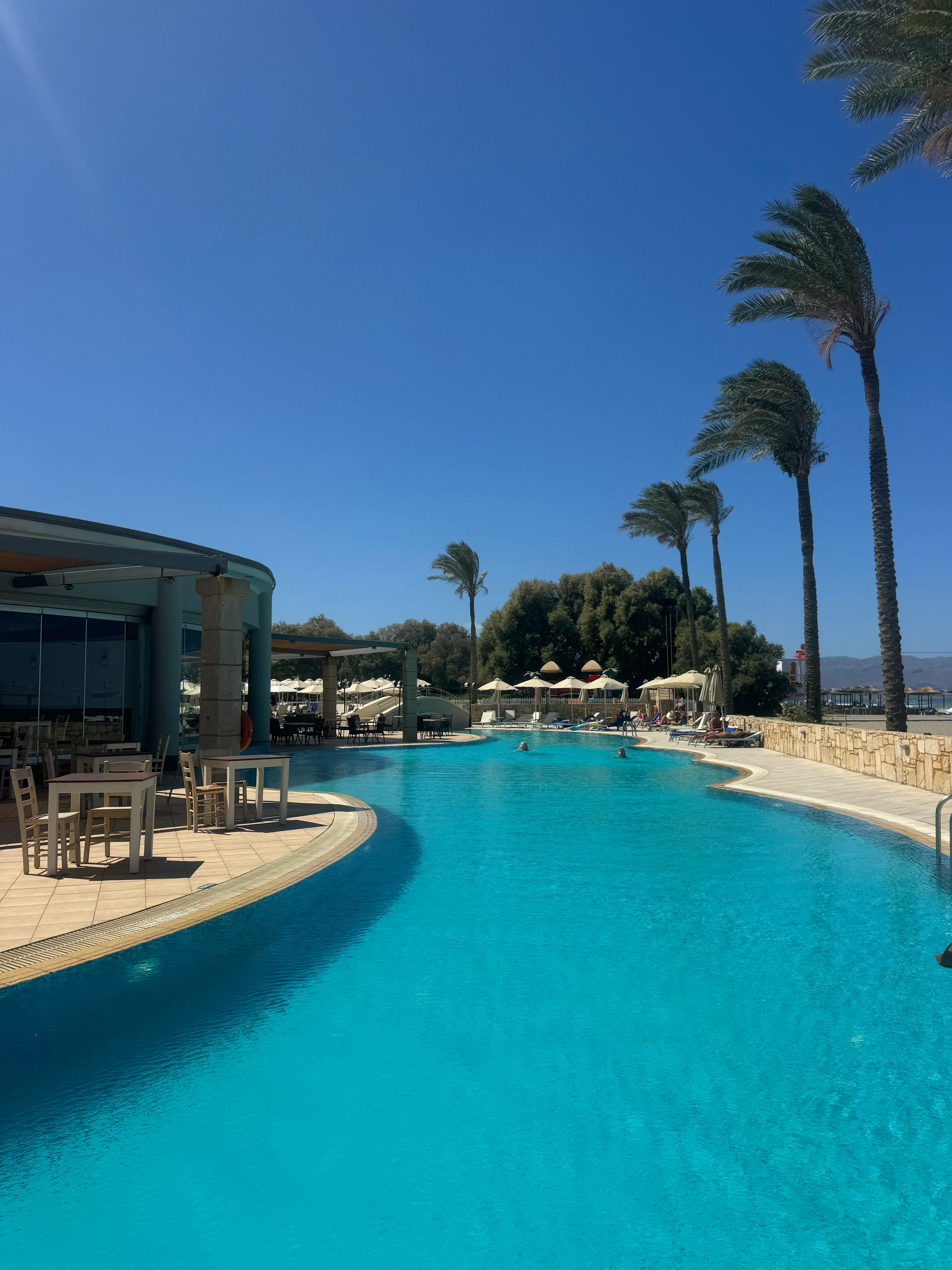 Vakkert bassengområde med palmer på hotellet Caldera Beach