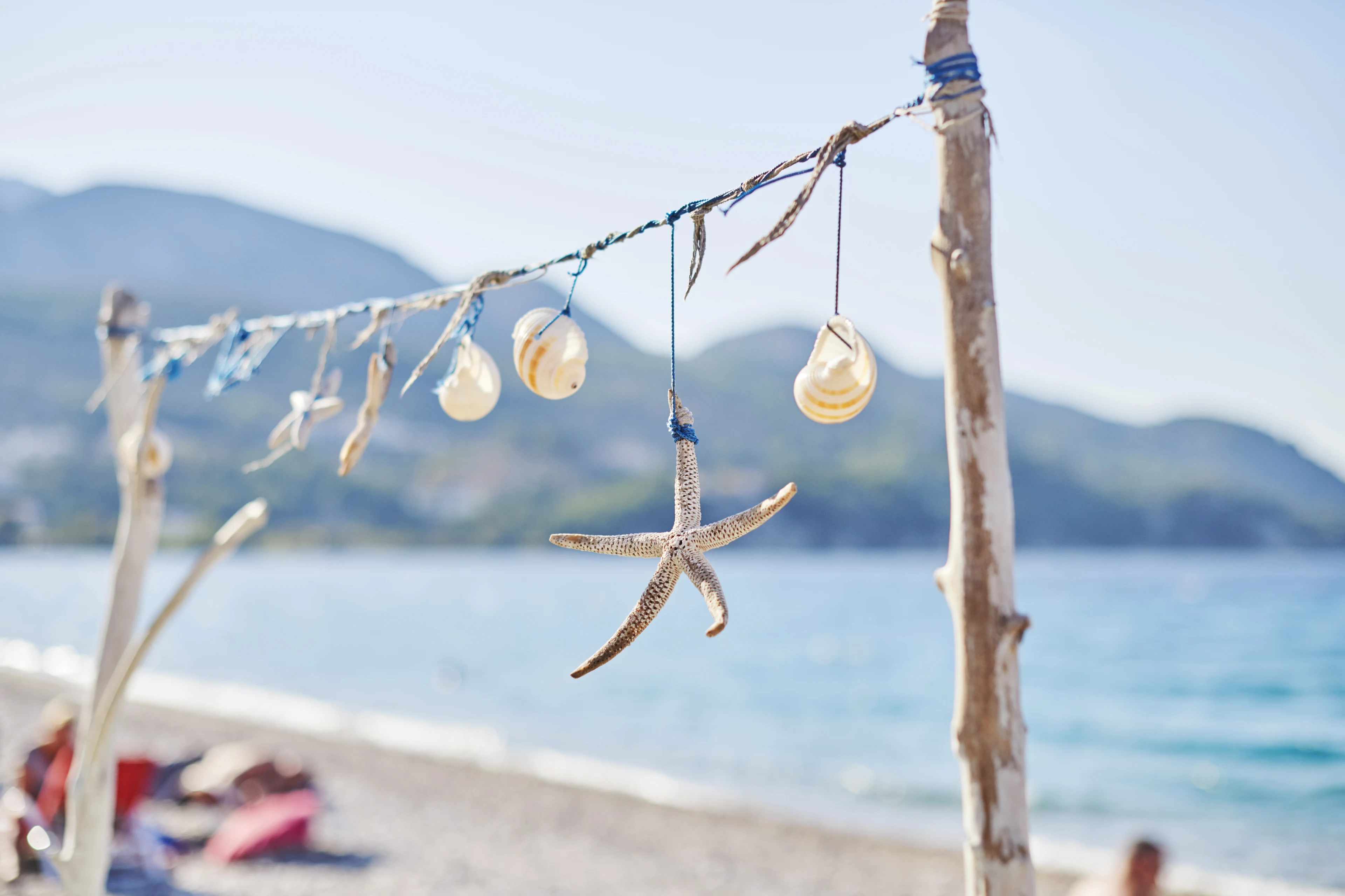 installation med snäckor på stranden och med havet i bakgrunden