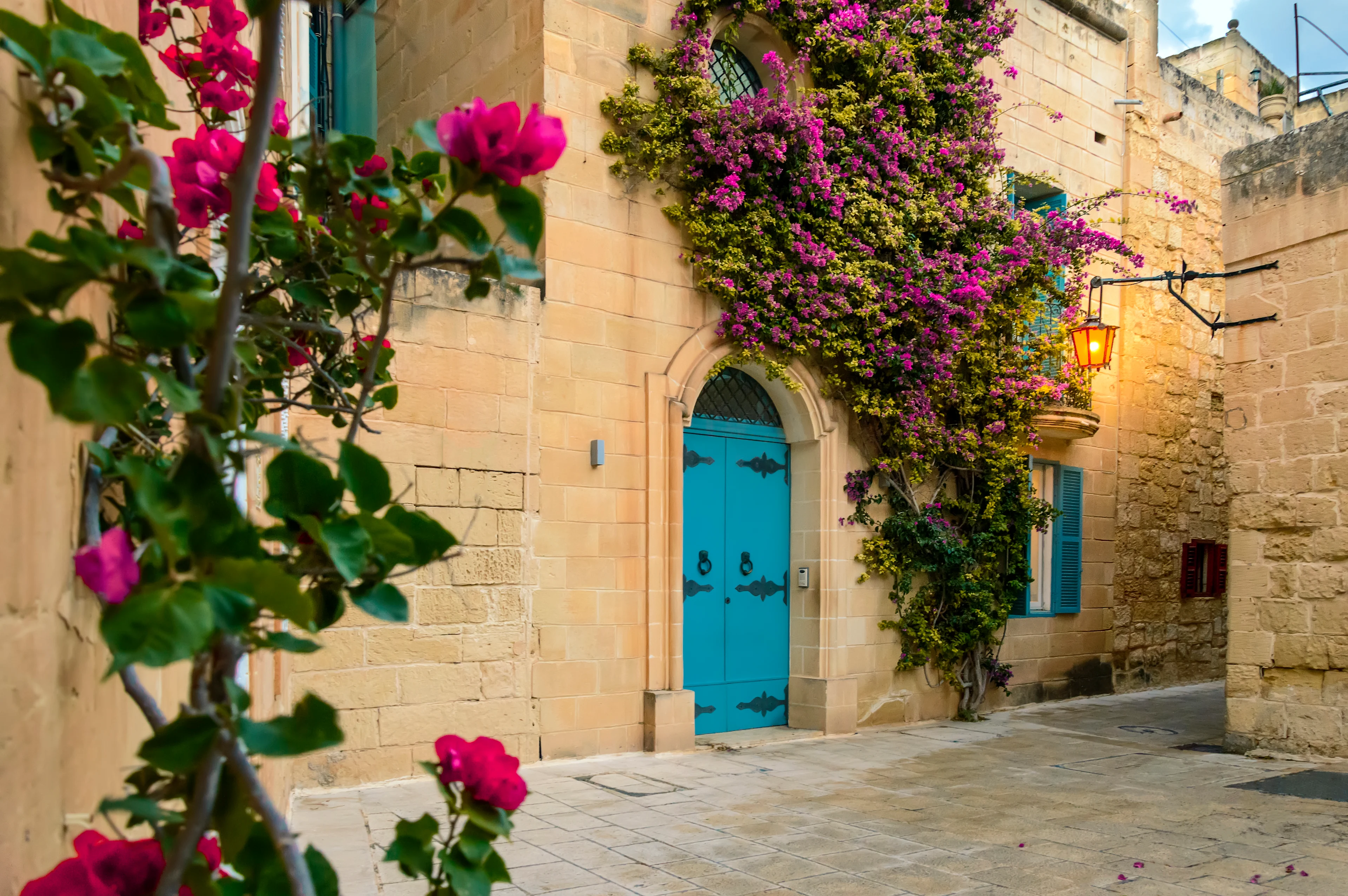 Gate fylt med blomstrende bougainvillea og tradisjonell kalksteinsarkitektur i Mdina på Malta