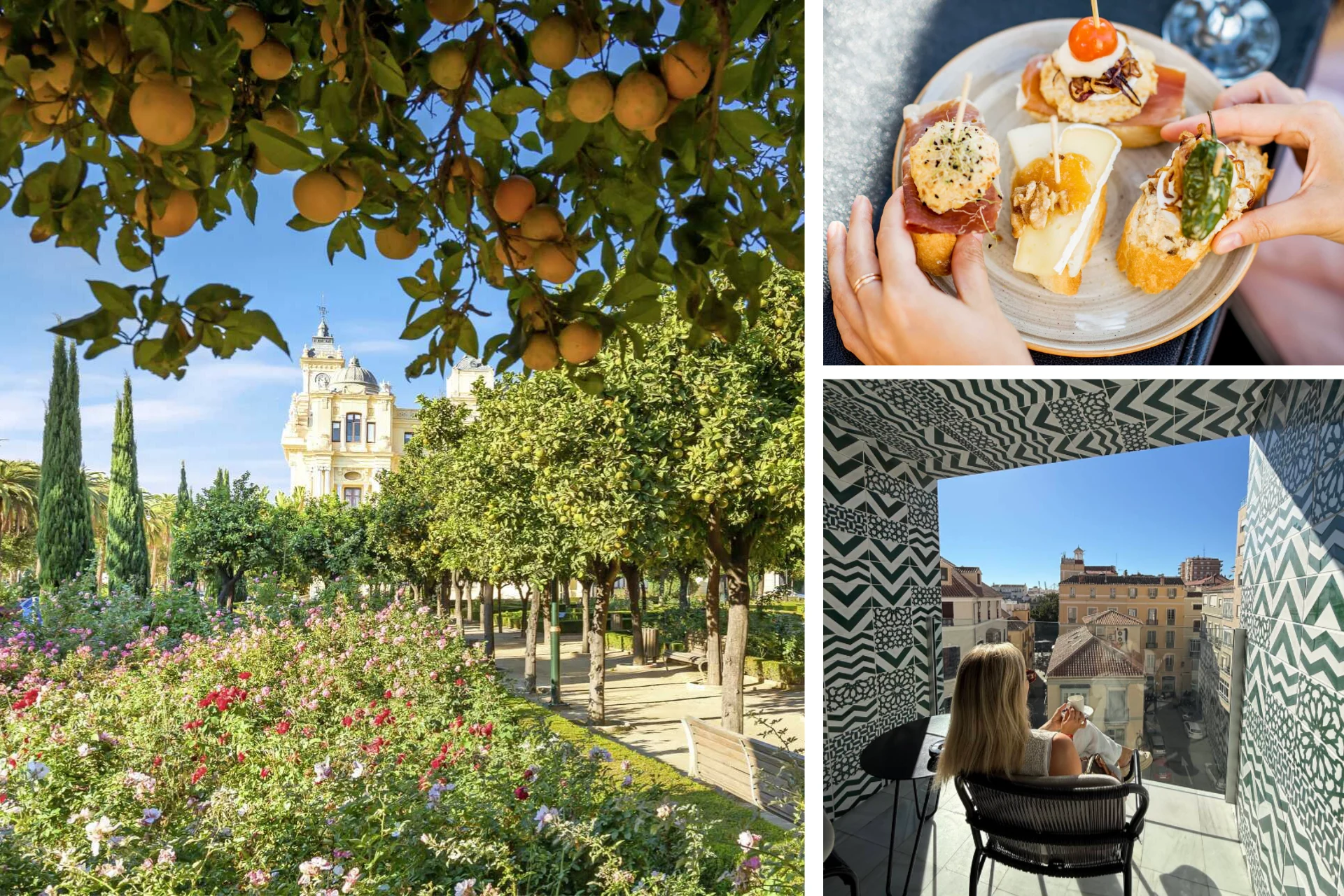 Solig stadspark med apelsinträd och blommande rabatter, ett historiskt hus i bakgrunden, samt närbilder av tapas och en person som sitter på en balkong med utsikt över stadens tak och torg.