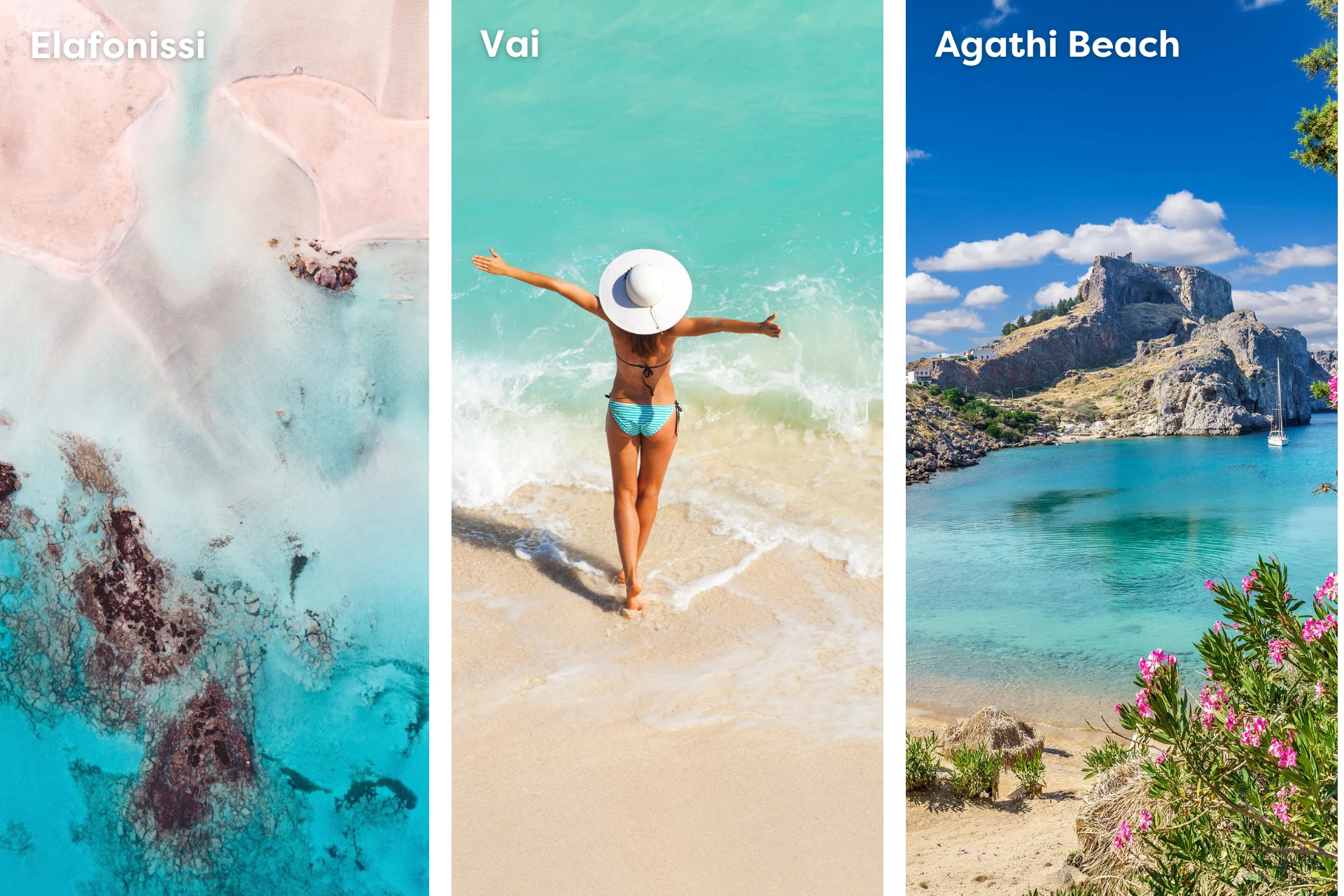 Kollage med stränderna Elafonissi, Vai och Agathi