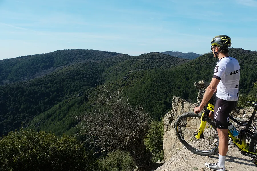 Cyklist står vid utkanten av ett berg med utsikt över skog