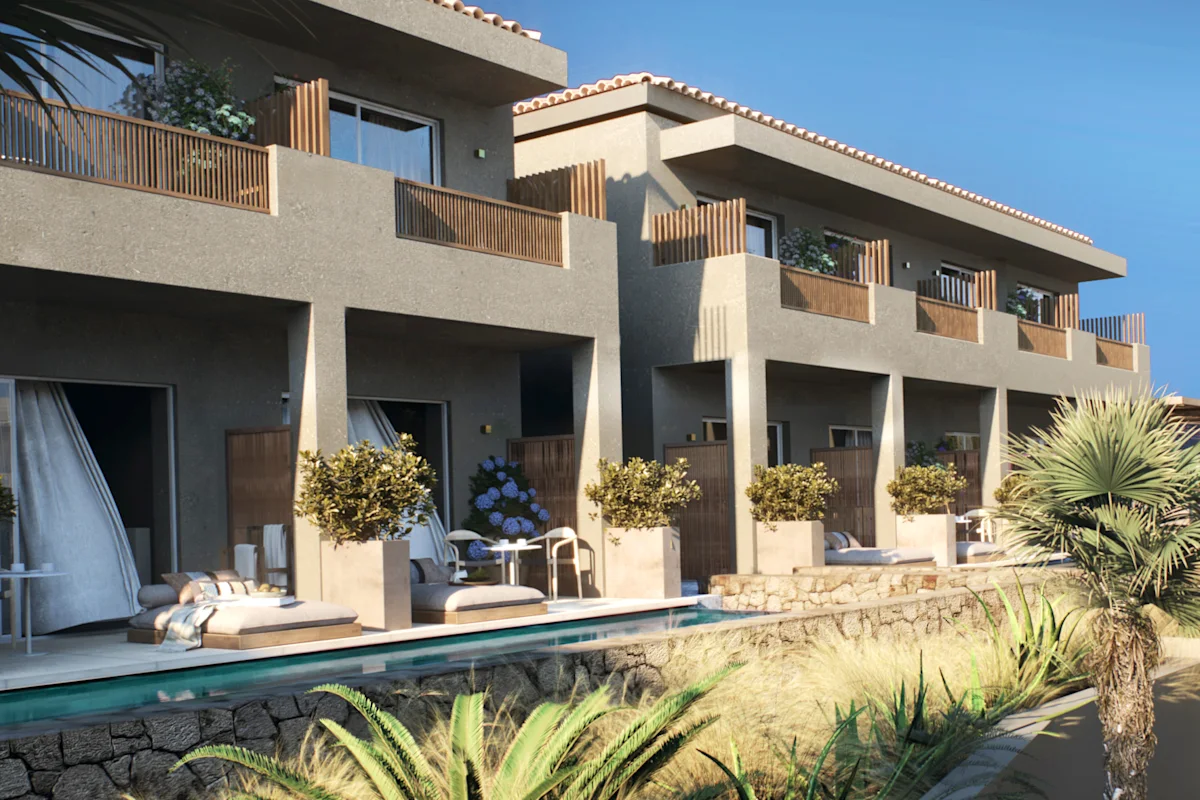 Utsikt över uteplatserna med delad pool på hotellet Seagonia i Paleros