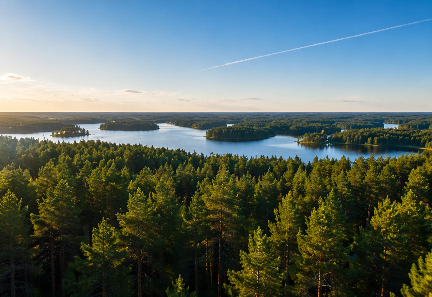 Furuskog med innsjøer sett fra luften og blå himmel med en kondensstripe fra et fly – AI-generert bilde