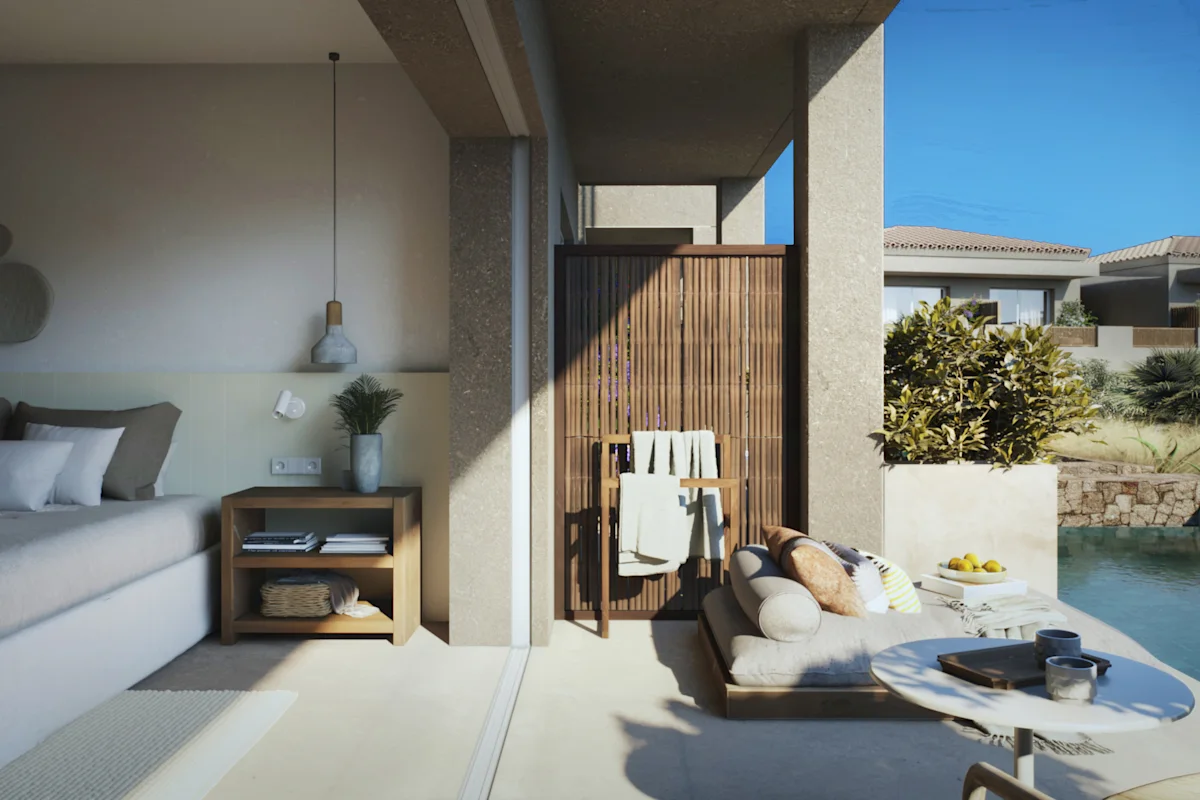 Rum med terrass och delad pool på Seagonia i Paleros